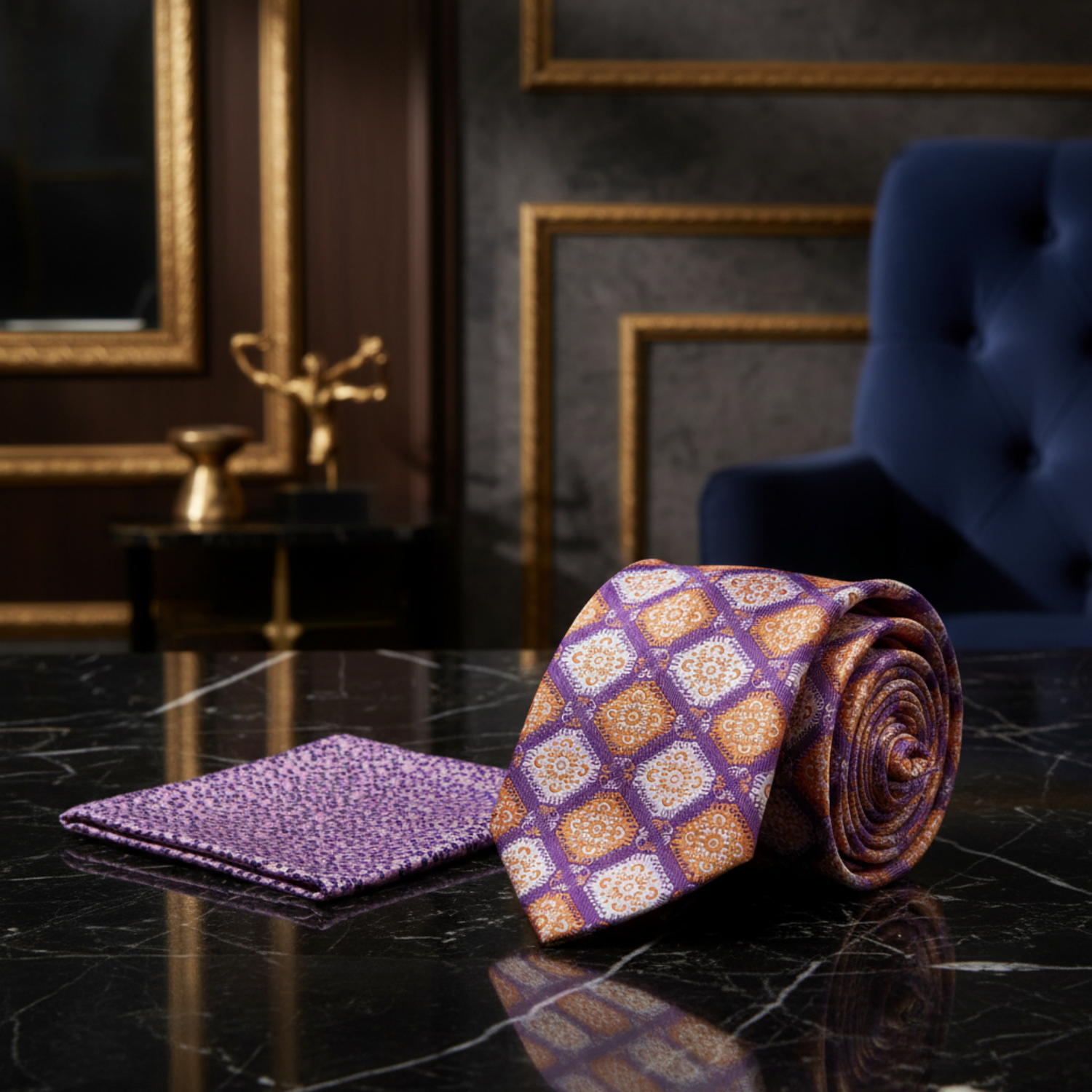 Alt View: An Orange, Purple, Cream Color Abstract Geometric Diamond Shape Tie and Accenting Pocket Square