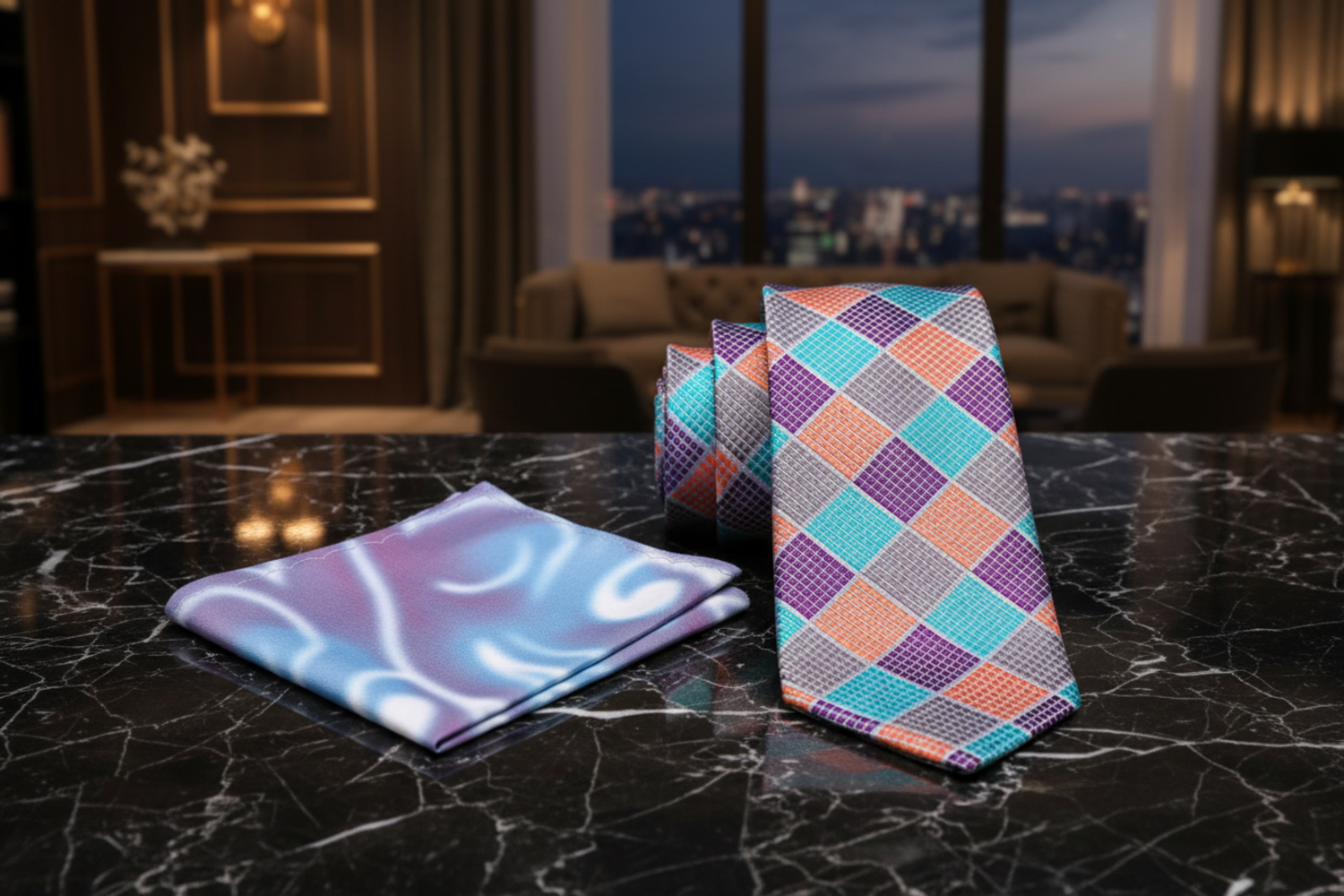 Colorful tie and pocket square set on a white background