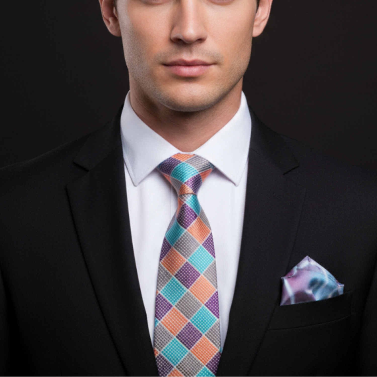 Man wearing a black suit with a colorful checkered tie and pocket square on a dark background