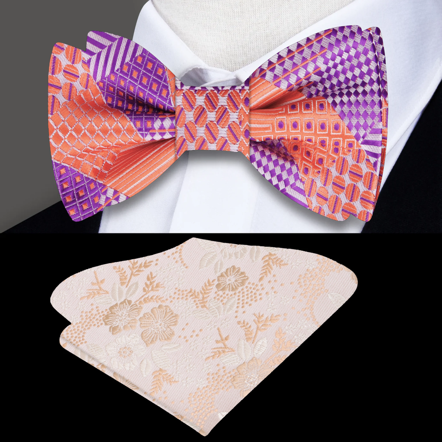 Purple and Orange Geometric Bow Tie and Accenting Pocket Square||Purple, Orange