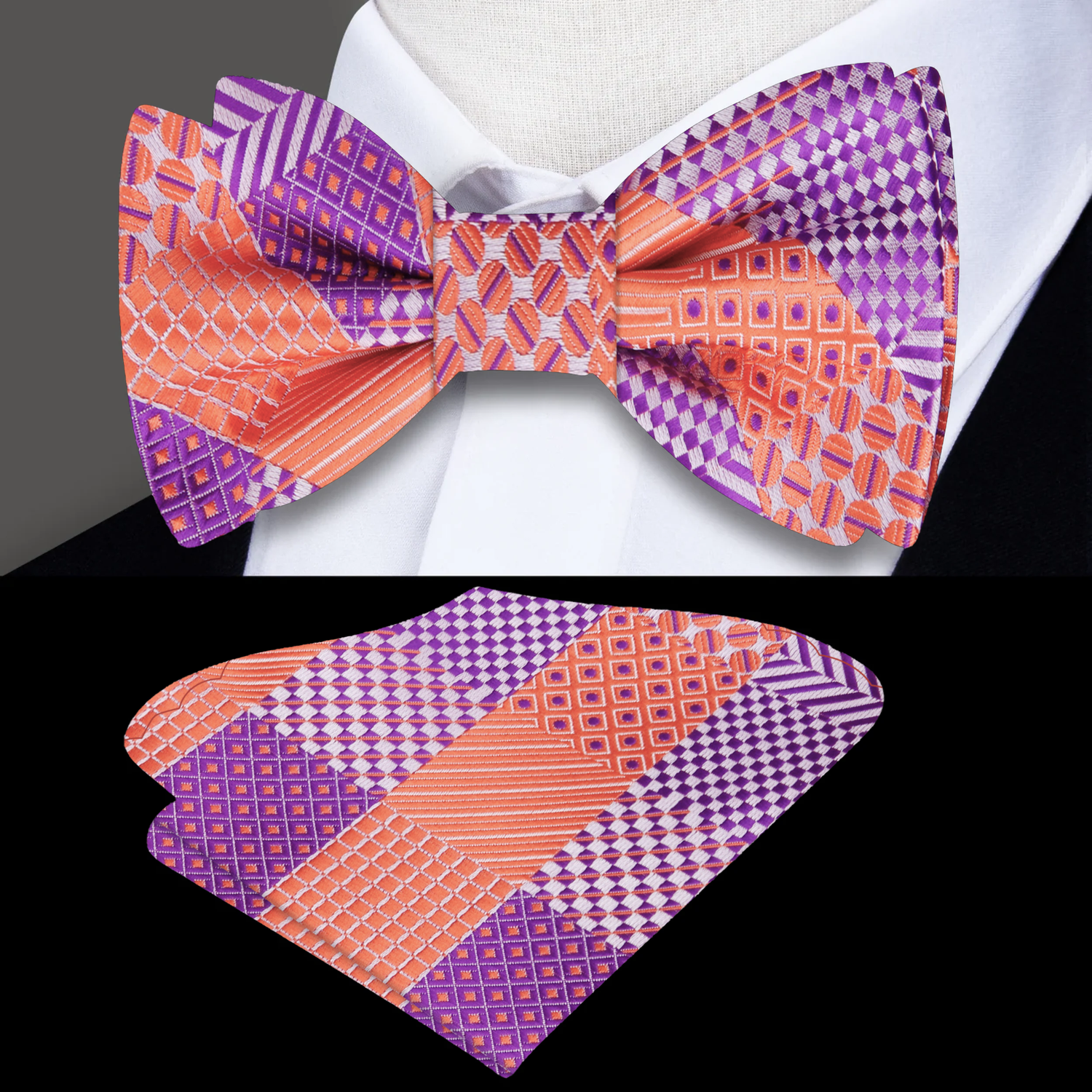 Purple and Orange Geometric Bow Tie and Pocket Square||Purple, Orange