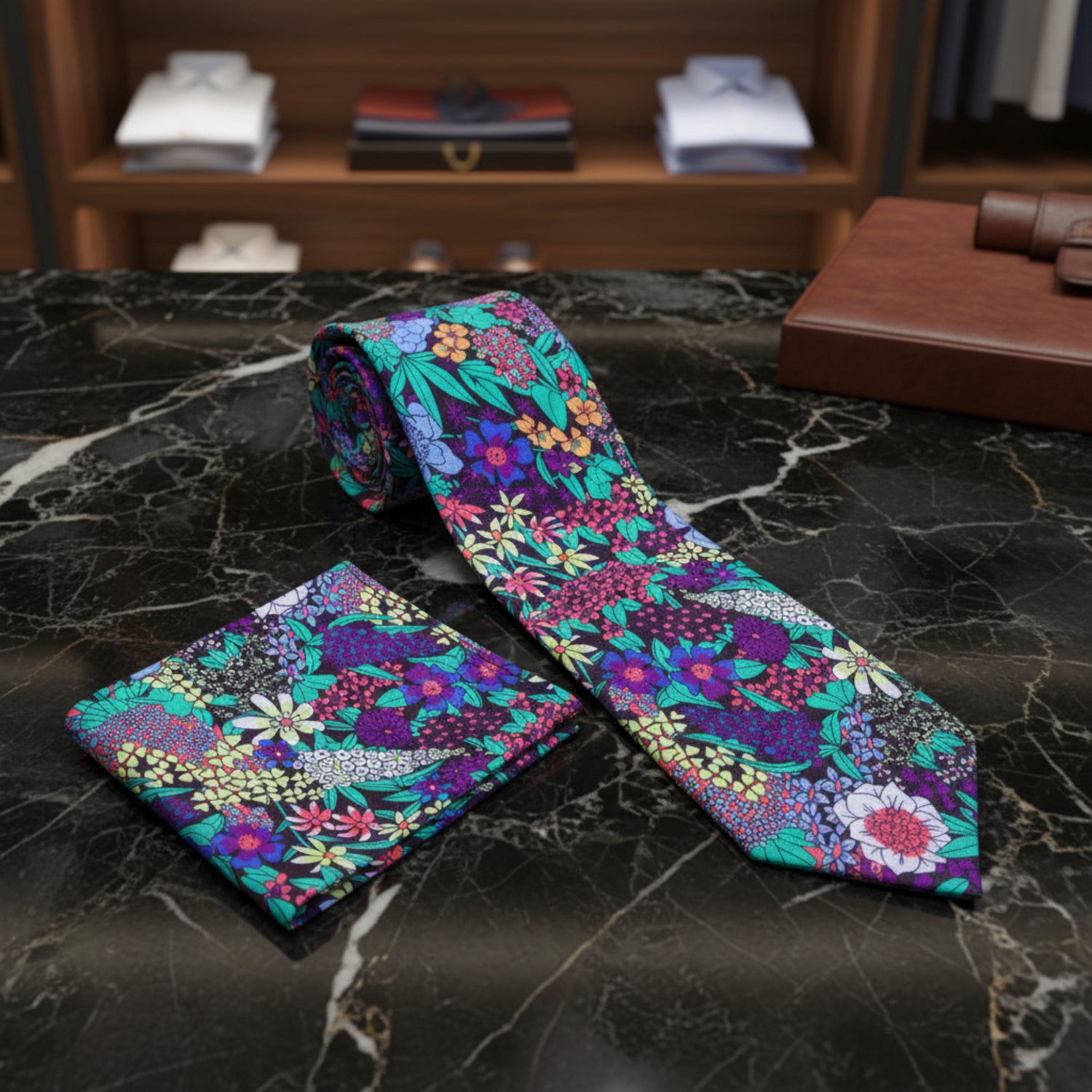 Purple Orange Teal Intricate Floral Tie and Pocket Square 1