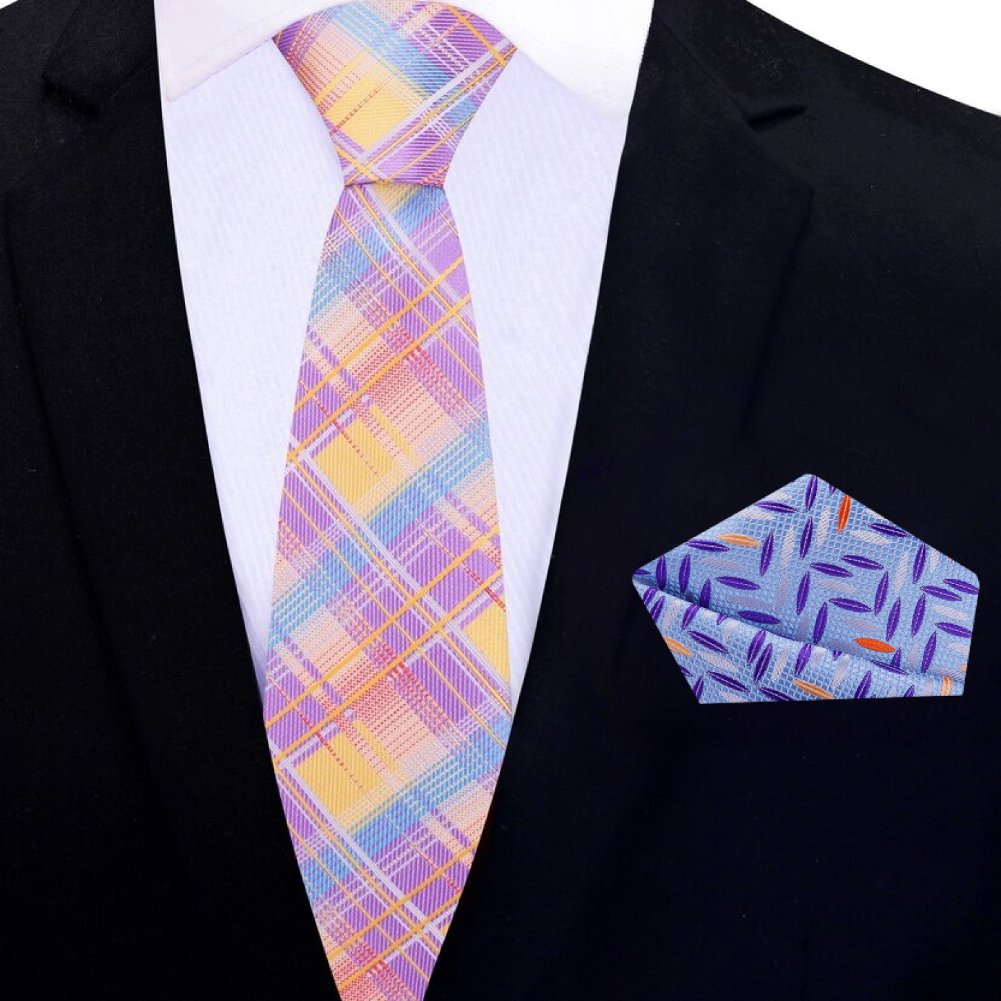 A silk necktie with a plaid pattern in shades of purple, orange, and blue, displayed on a textured surface.