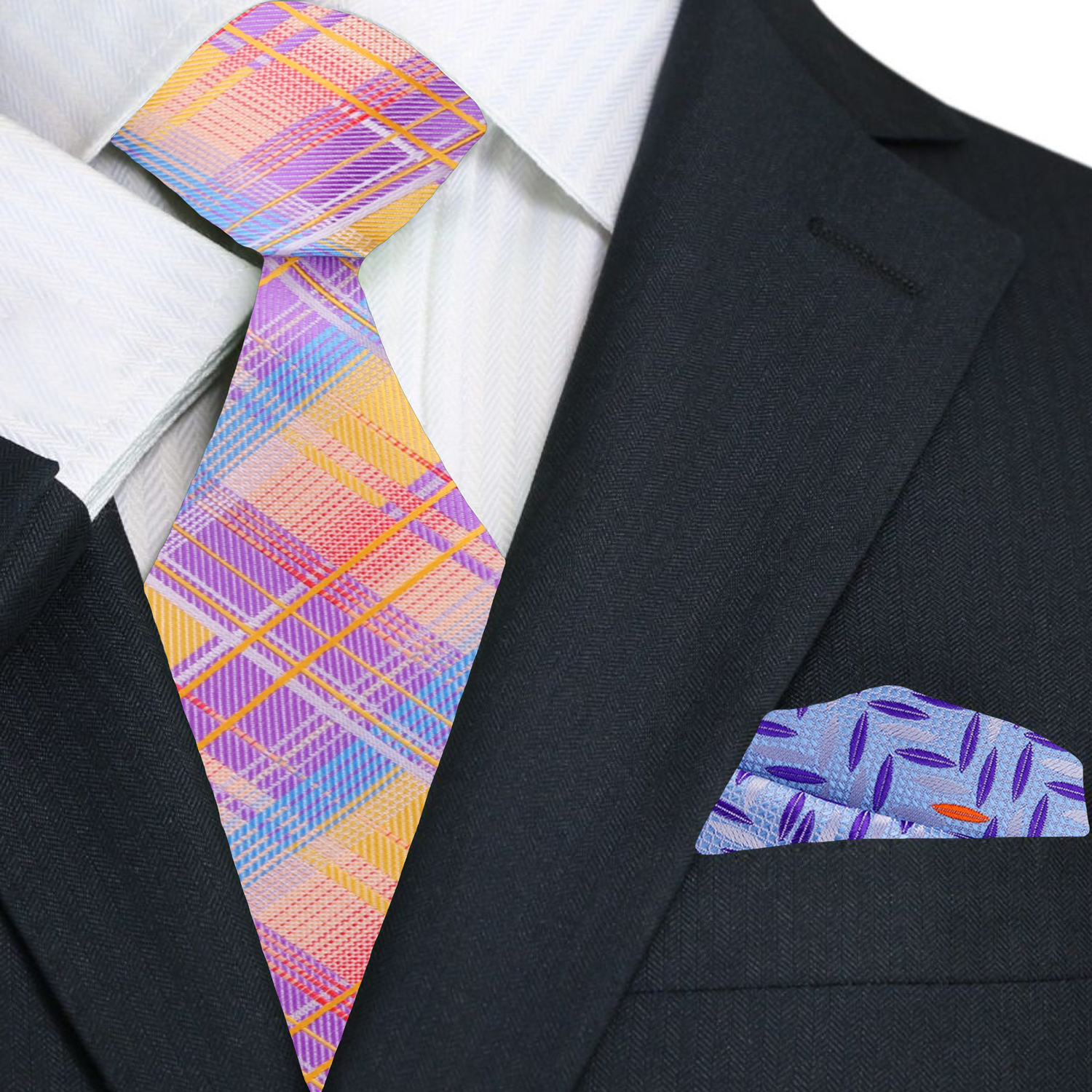 necktie with a plaid pattern in shades of purple, orange, and blue, displayed on a textured surface.