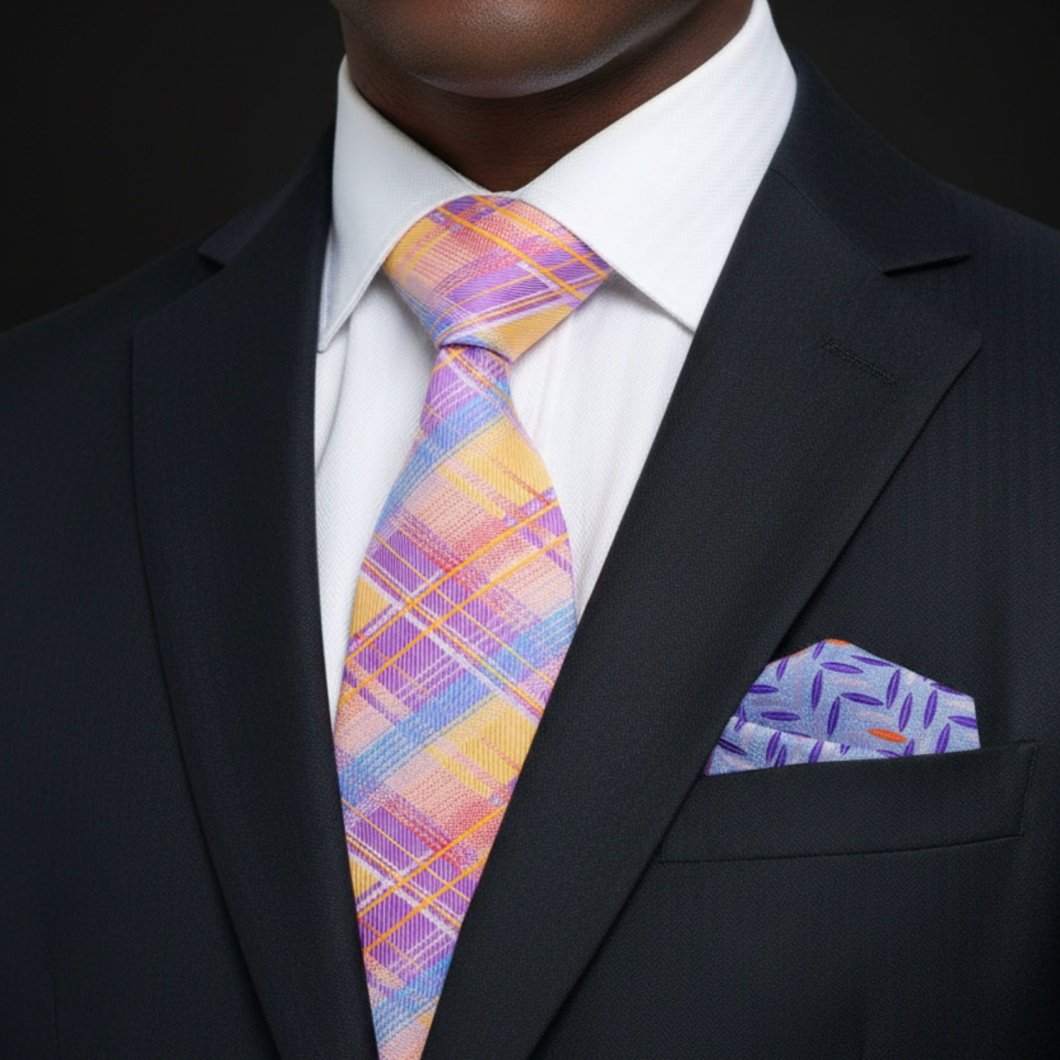 Orange, Purple, Light blue Plaid Necktie and Accenting Square on Man