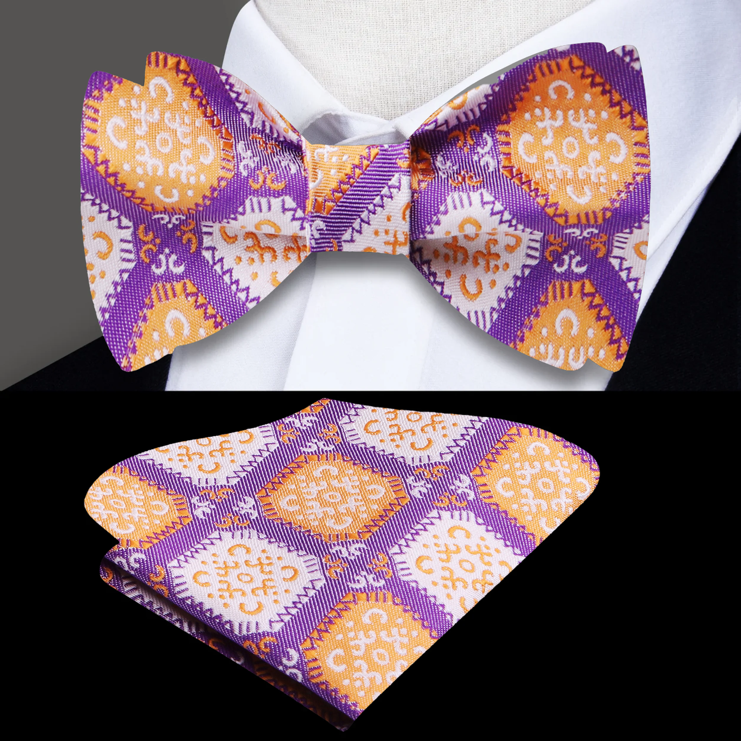 Purple and Orange Geometric Bow Tie and Pocket Square