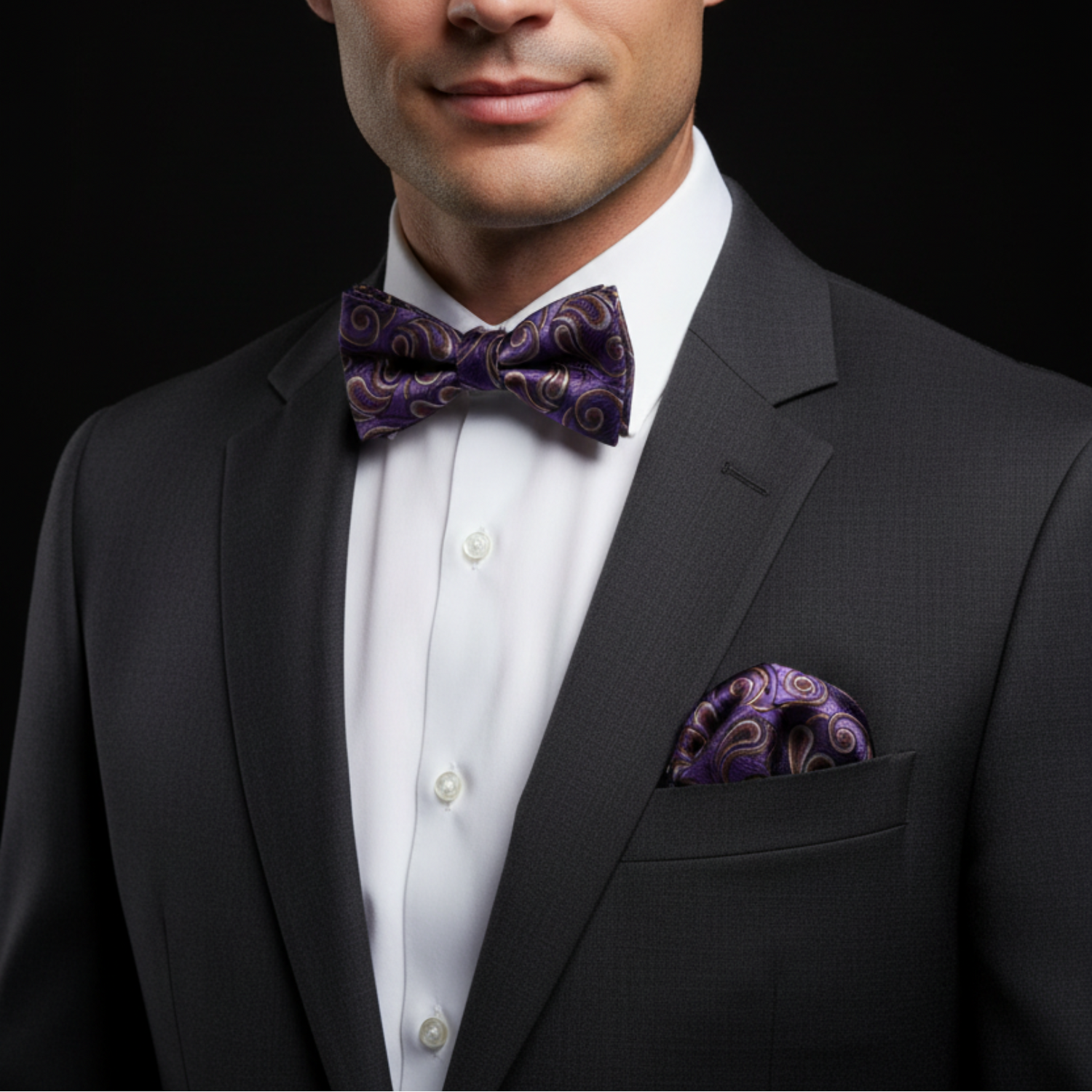 Man wearing a black suit with a white shirt, purple bow tie, and matching pocket square on a black background.