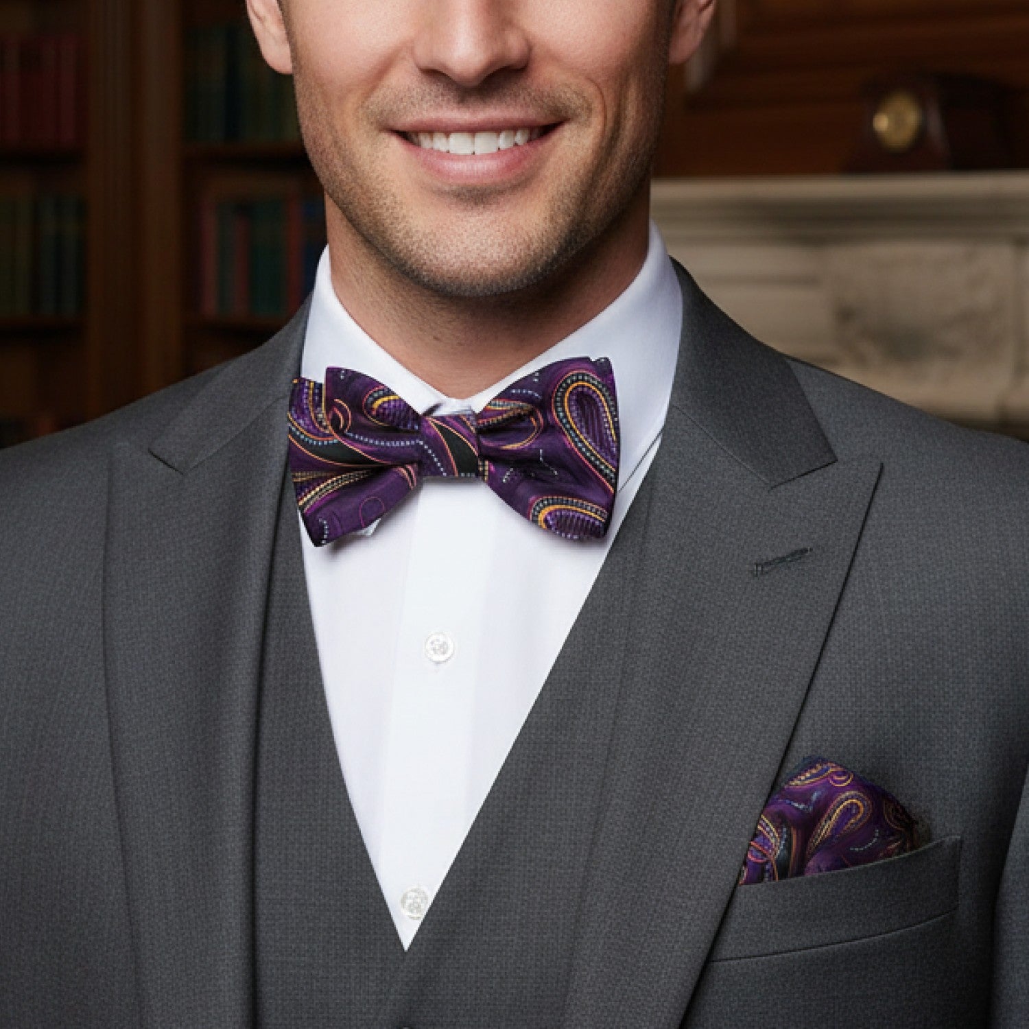 Man wearing a gray suit with a purple bow tie and pocket square, smiling.