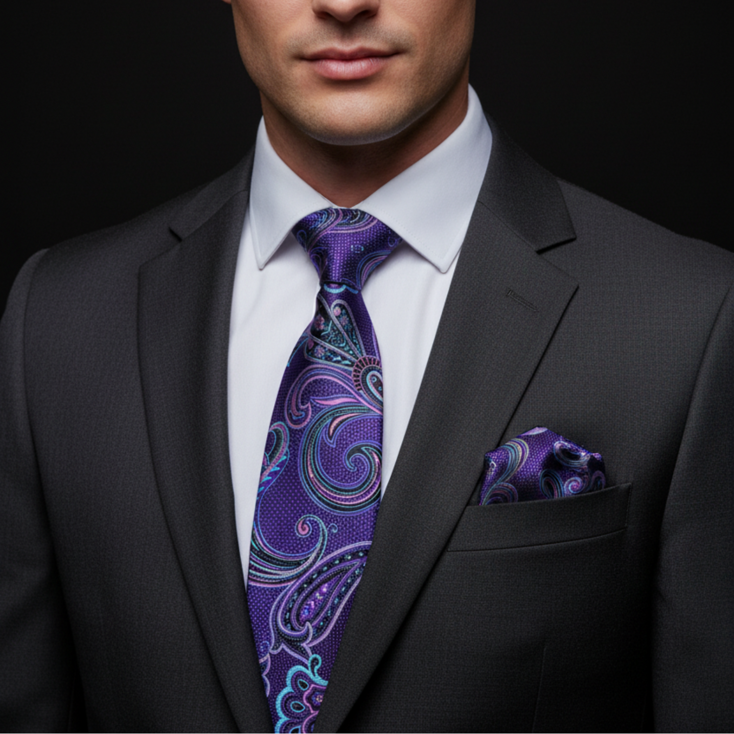 Man wearing a dark suit with a purple paisley tie and pocket square on a black background
