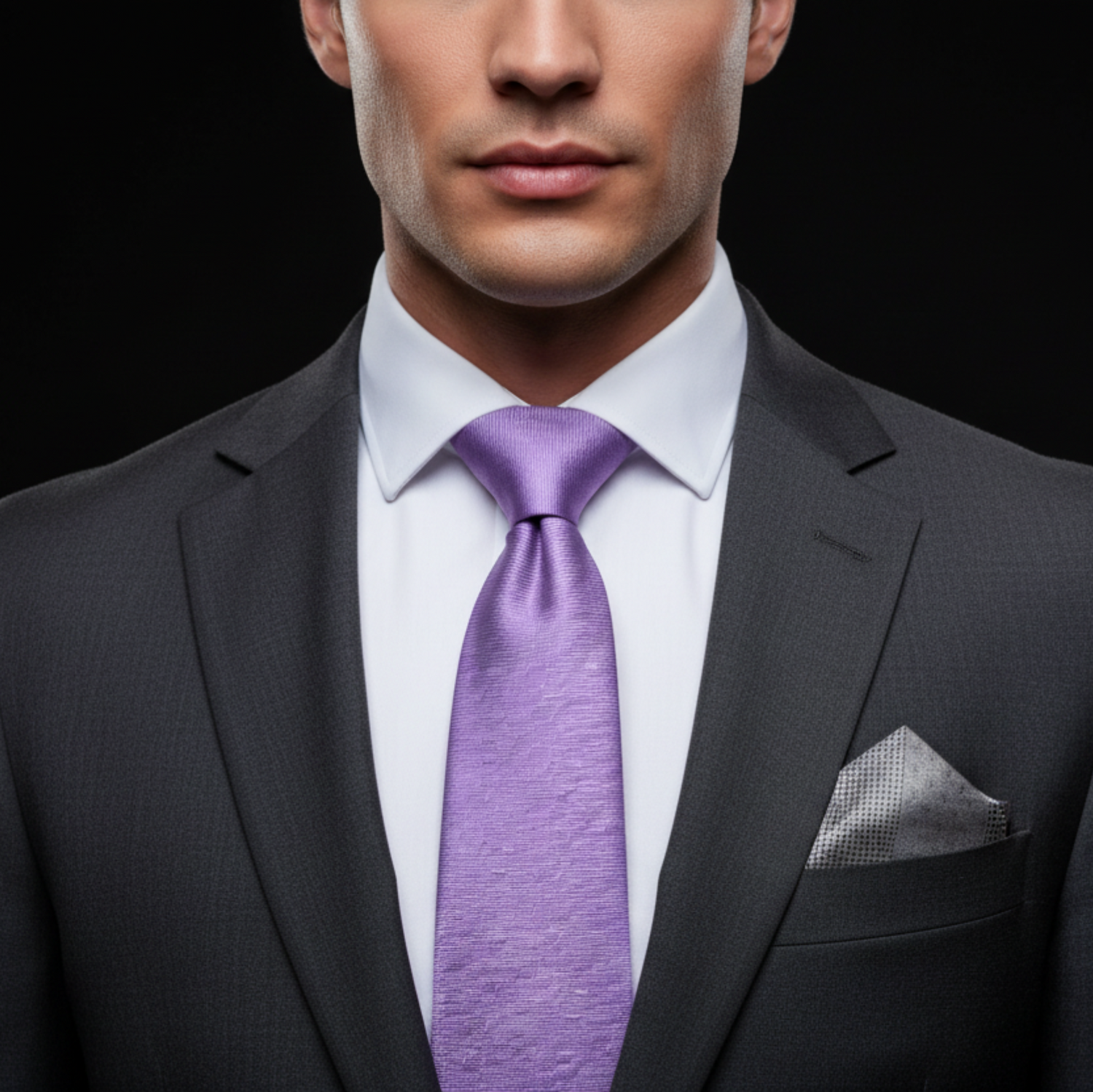 Man wearing a dark suit with a purple tie against a black background