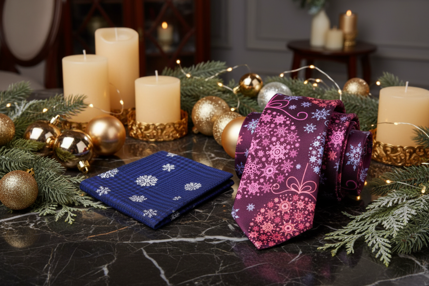 Alt Pink, Purple Snowflakes Necktie & Accenting Square