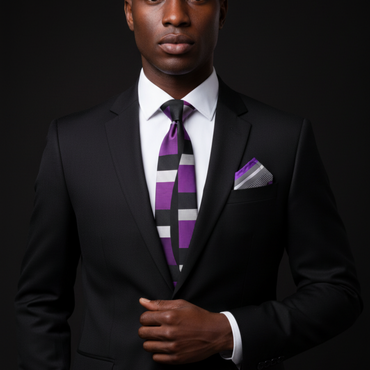 Man wearing a black suit with a purple and gray checkered tie against a dark background