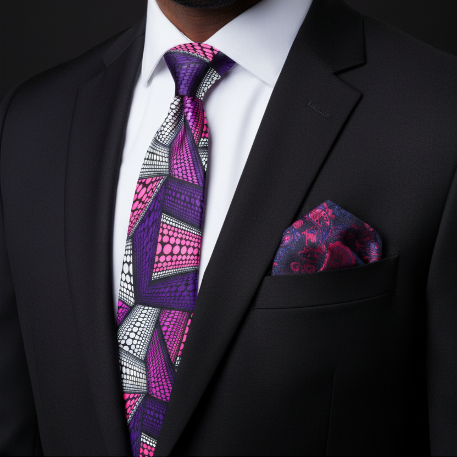 Black, Hot Pink, Purple & White 3D Geometric Dot Necktie