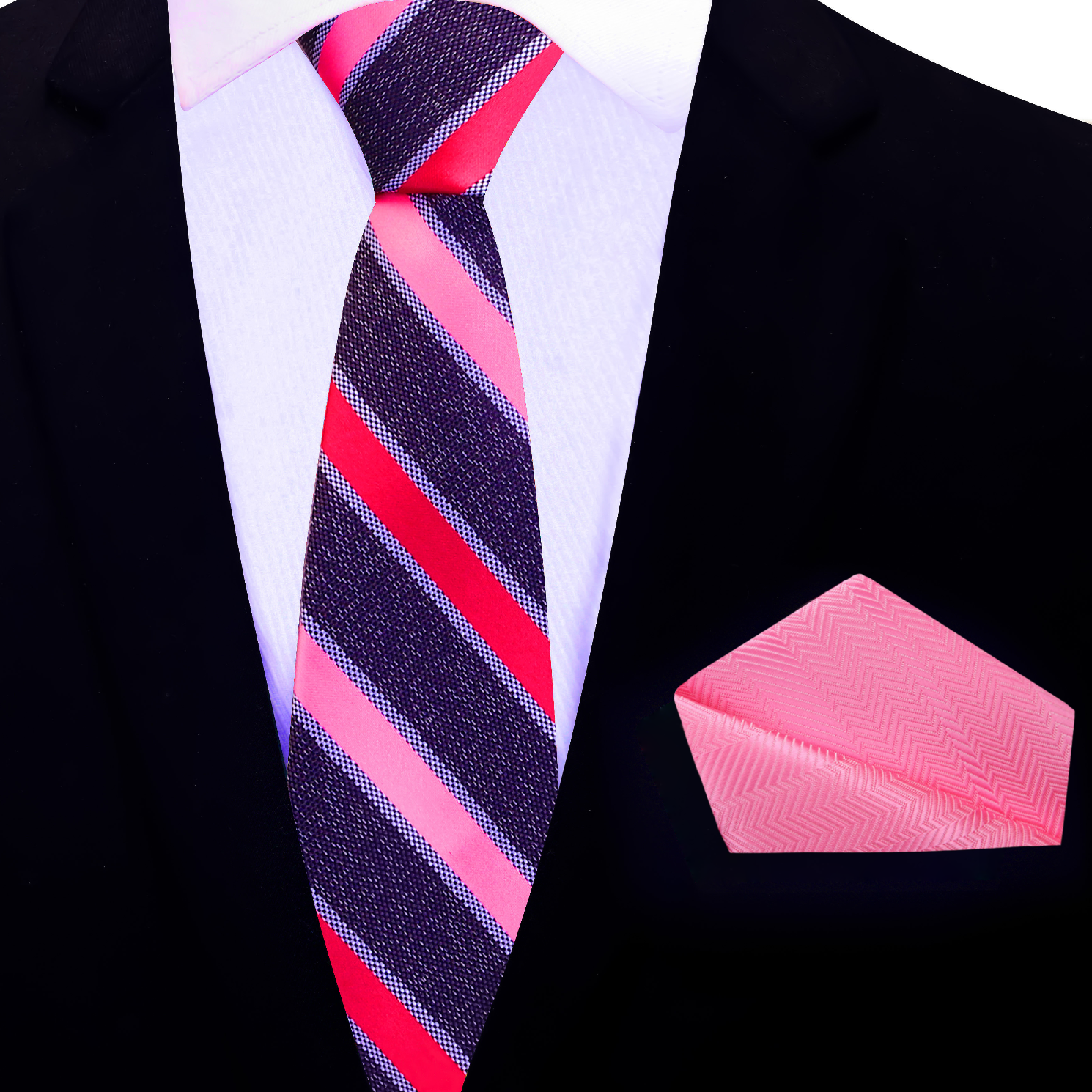 Striped thin tie and pink pocket square on a black suit jacket