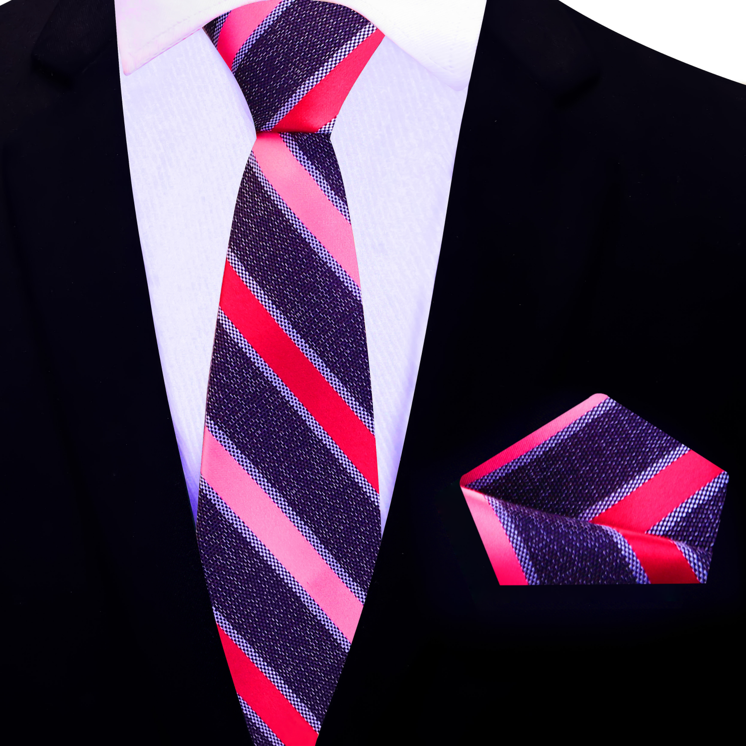 Navy and pink striped thin tie with matching pocket square on a black suit jacket.