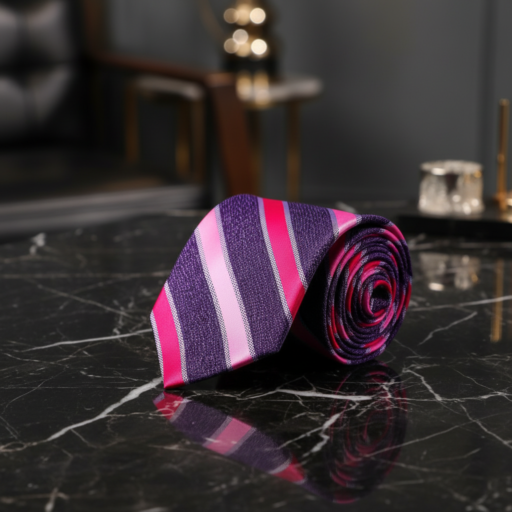 Striped tie with pink and purple horizontal stripes 