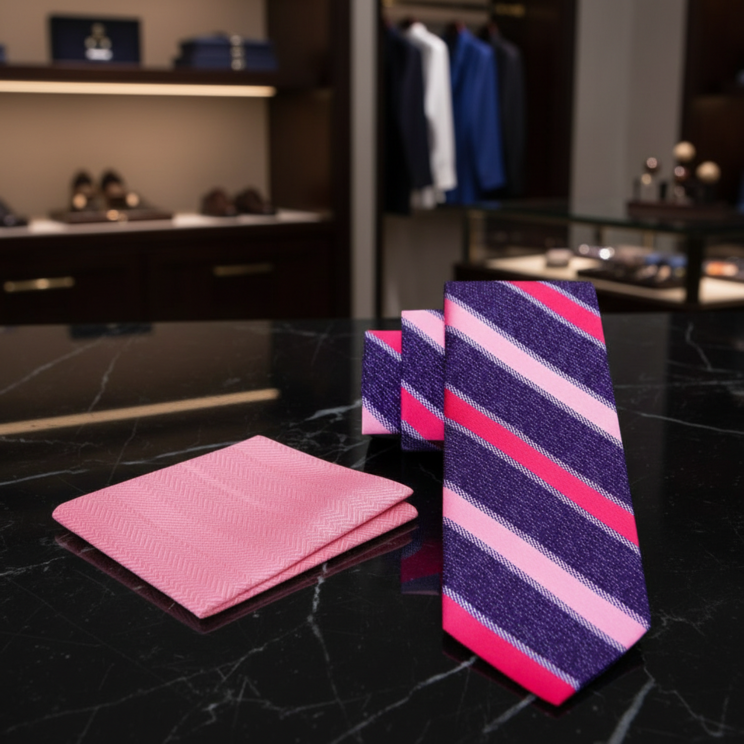 Pink and purple striped tie with pink pocket square 
