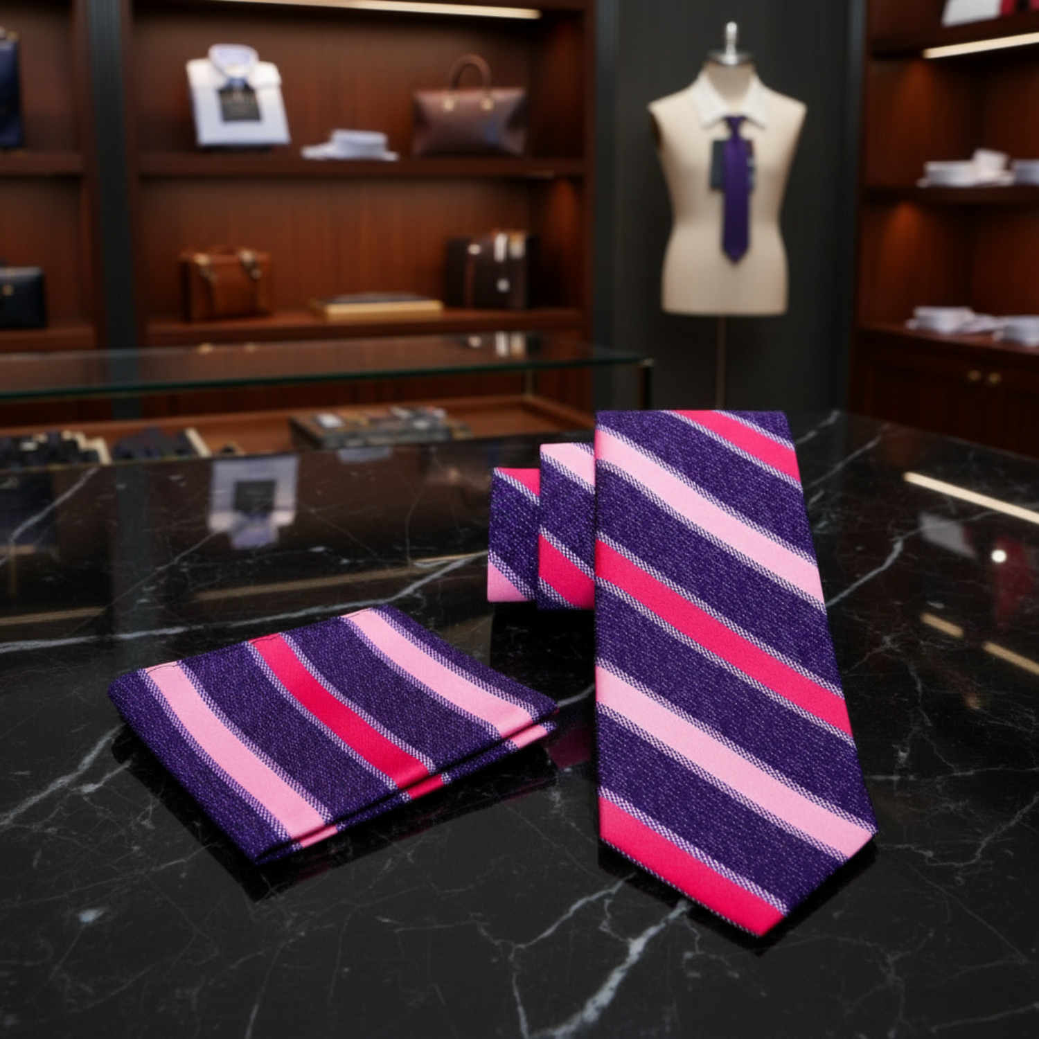 Striped tie and pocket square set with pink and purple colors 