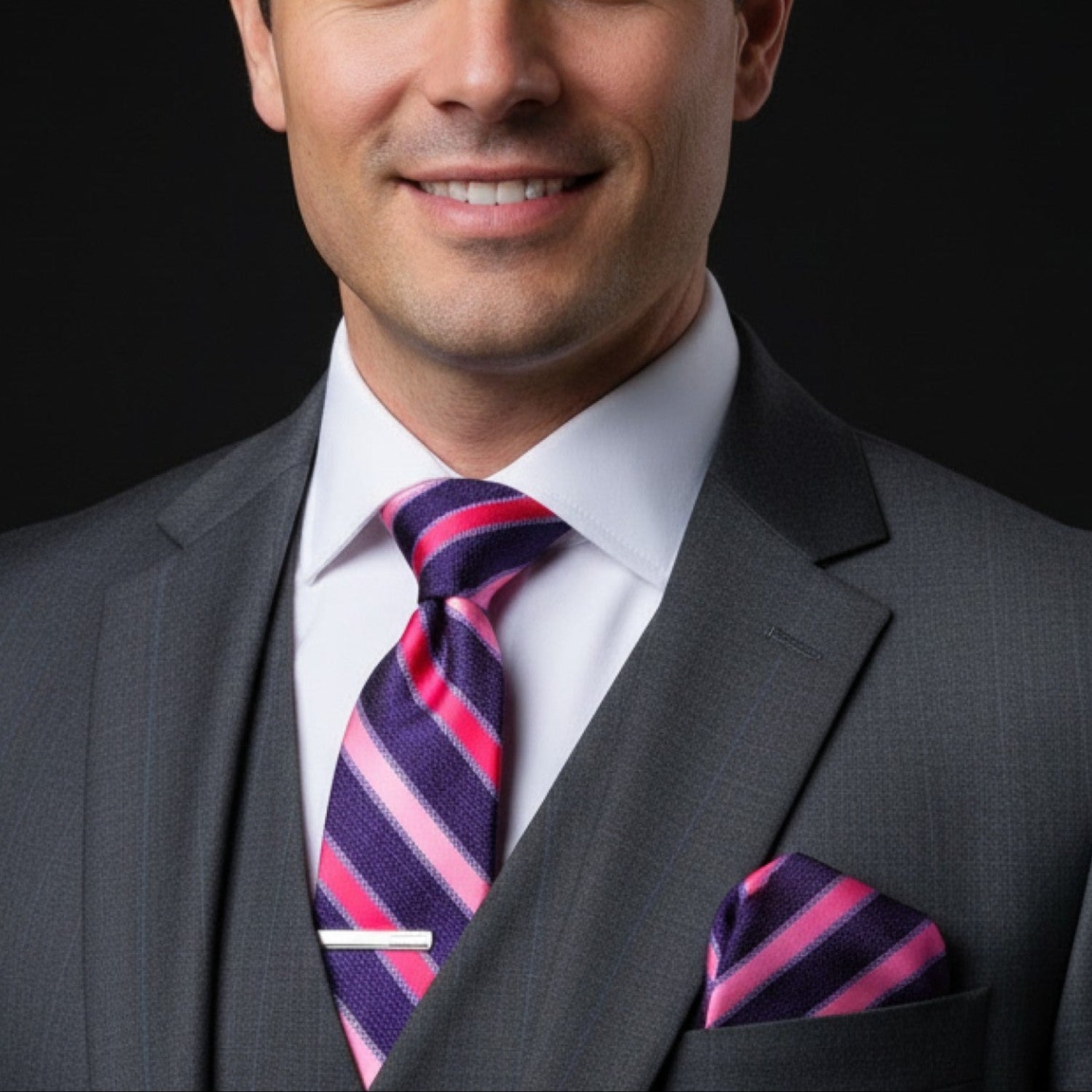 Man wearing a gray suit with a colorful striped tie against a black background