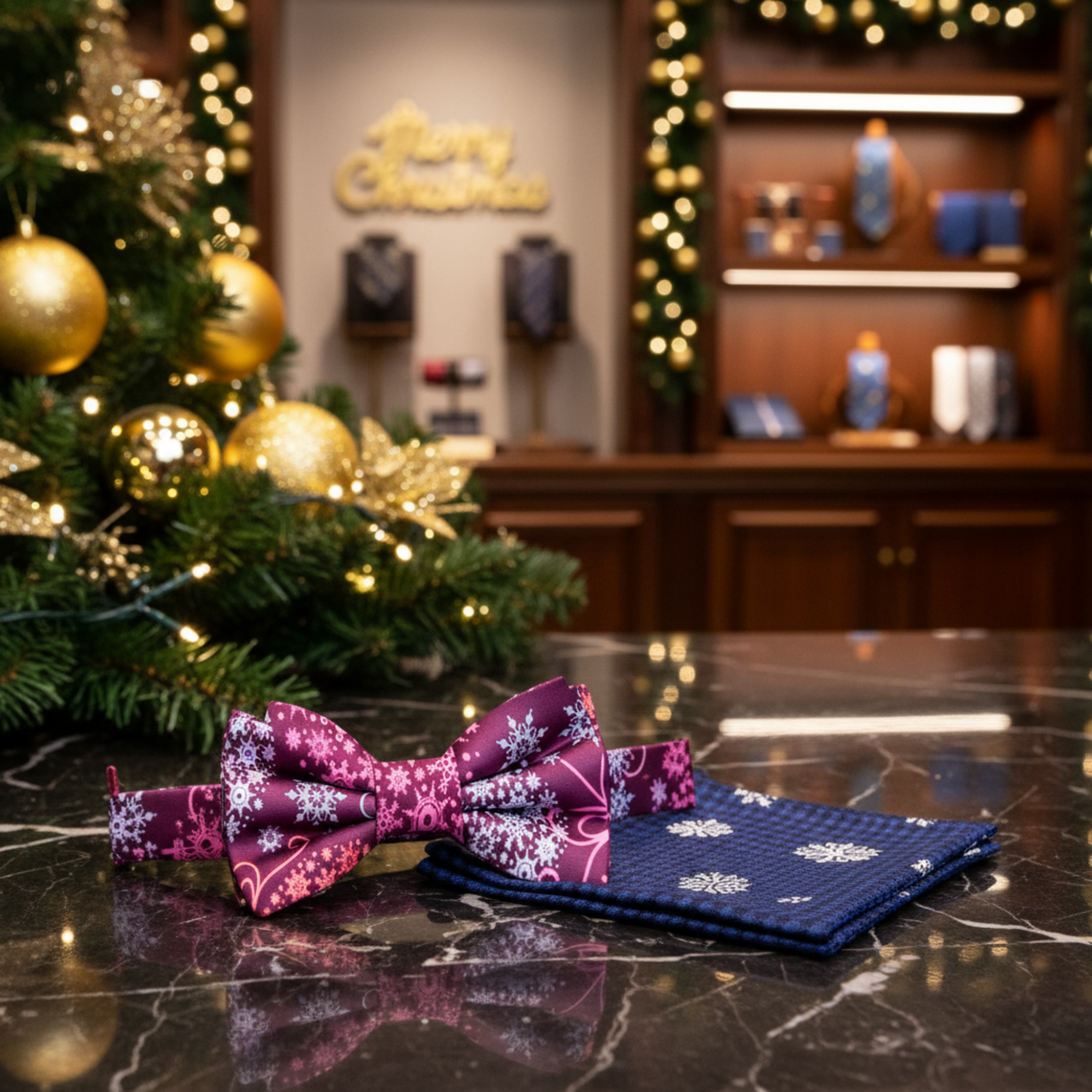 Plum, Pink, White Large Christmas Ornaments Bow Tie and Blue Snowflake Pocket Square