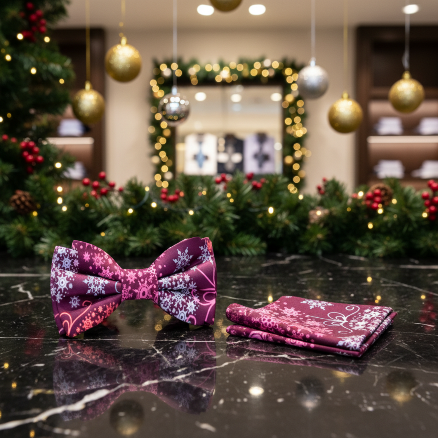 Plum, Pink, White Large Christmas Ornaments Bow Tie and Pocket Square