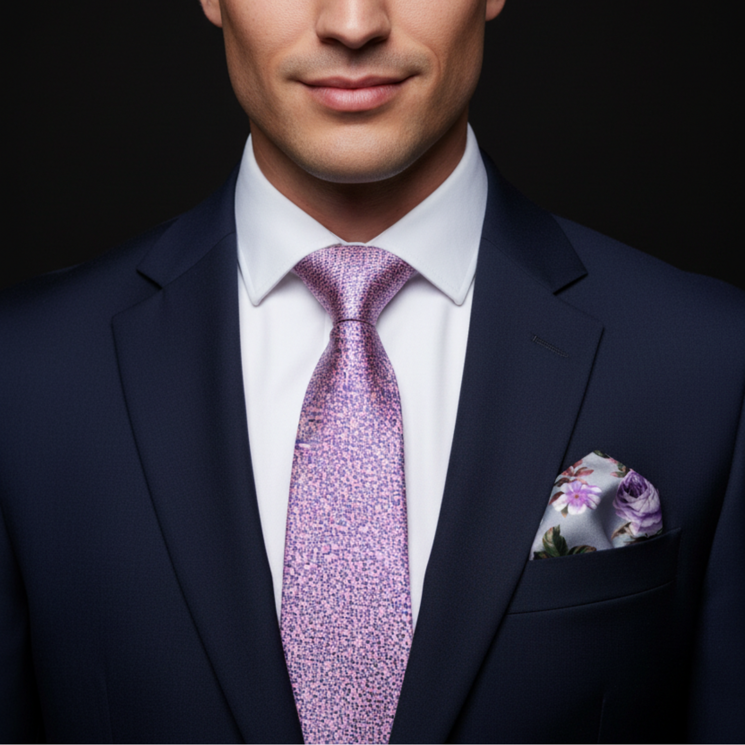 Man wearing a navy suit with a purple tie and floral pocket square on a black background