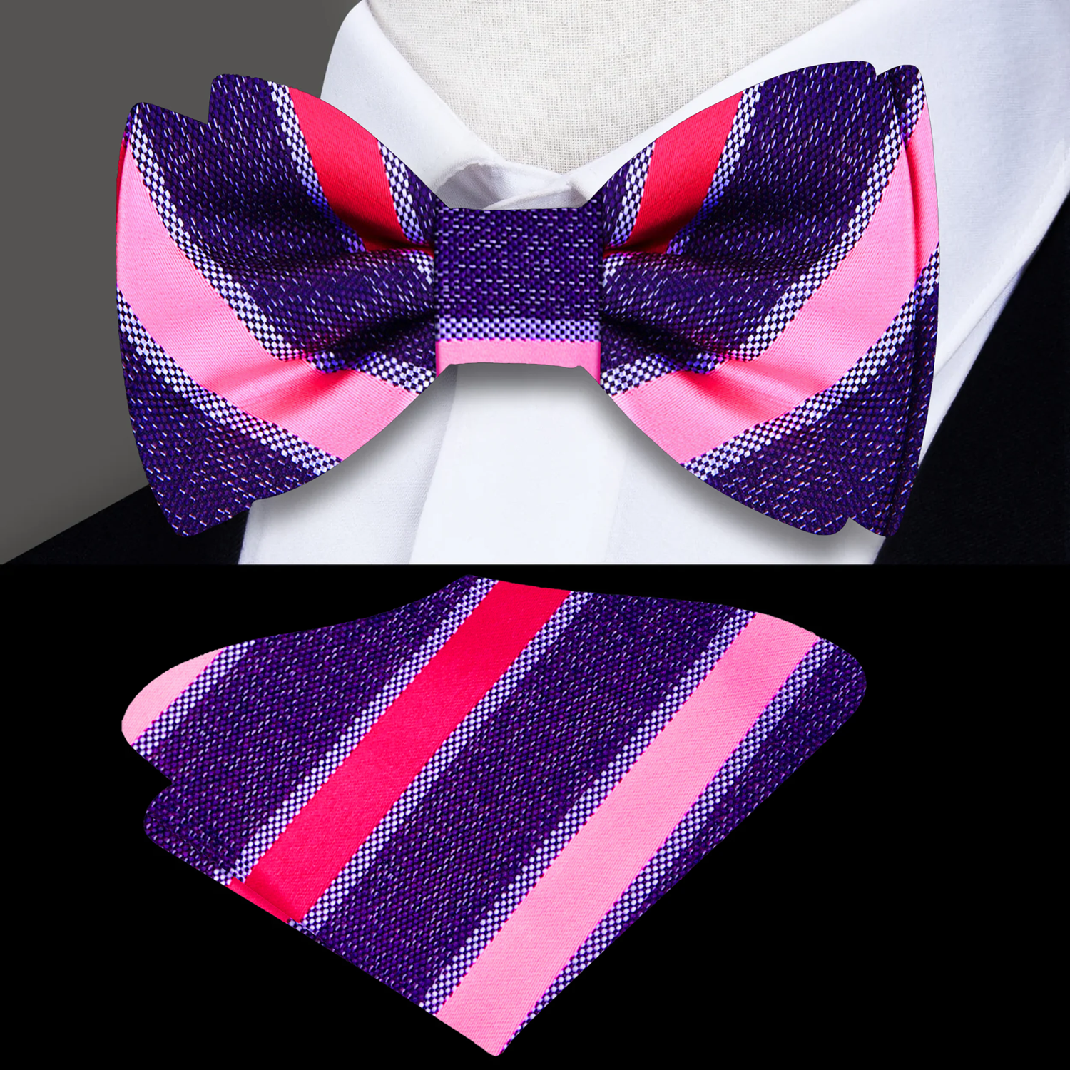 Stripe bow tie and pocket square set with purple and pink stripes on a mannequin.
