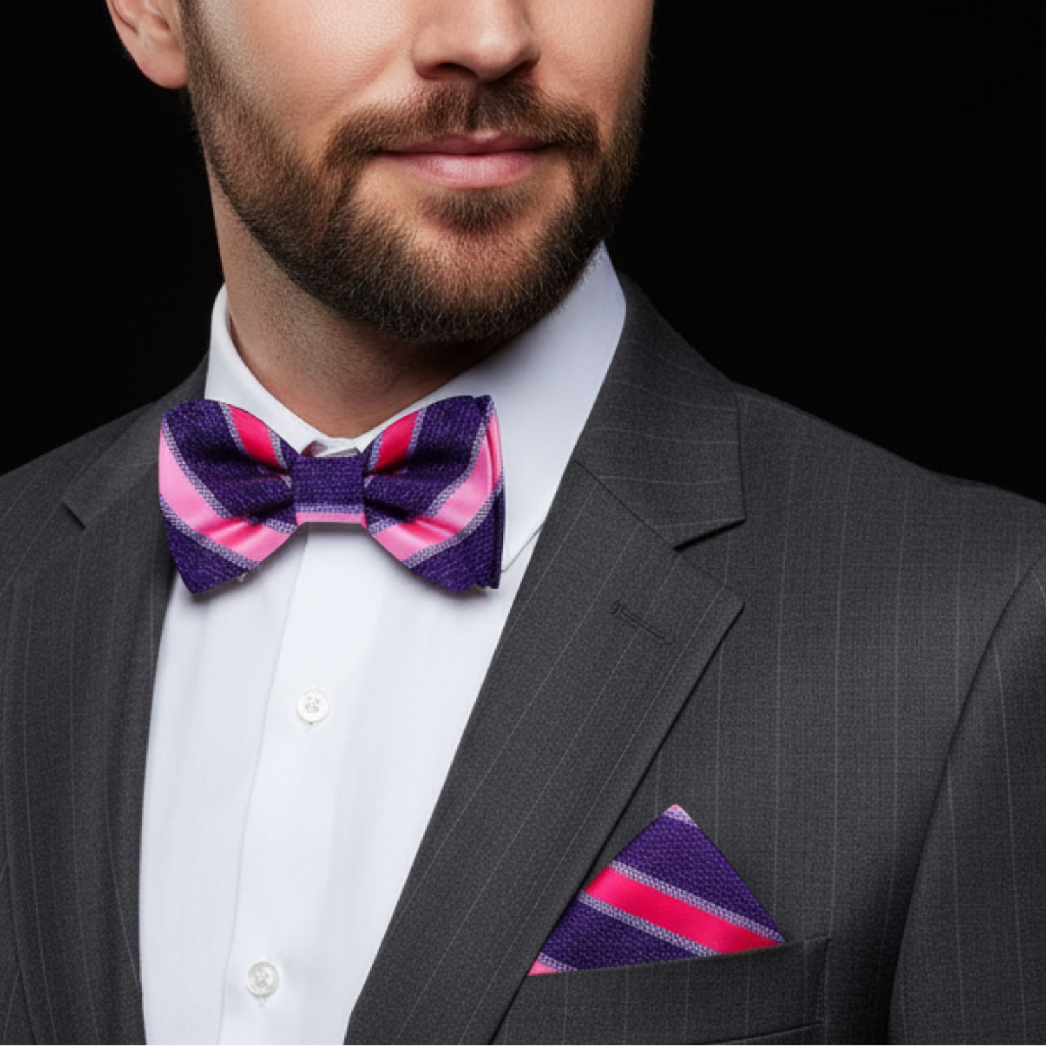 Man wearing a gray suit with a colorful bow tie and pocket square on a black background