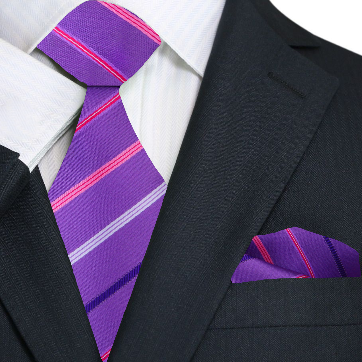 Purple striped tie and pocket square with a black suit jacket