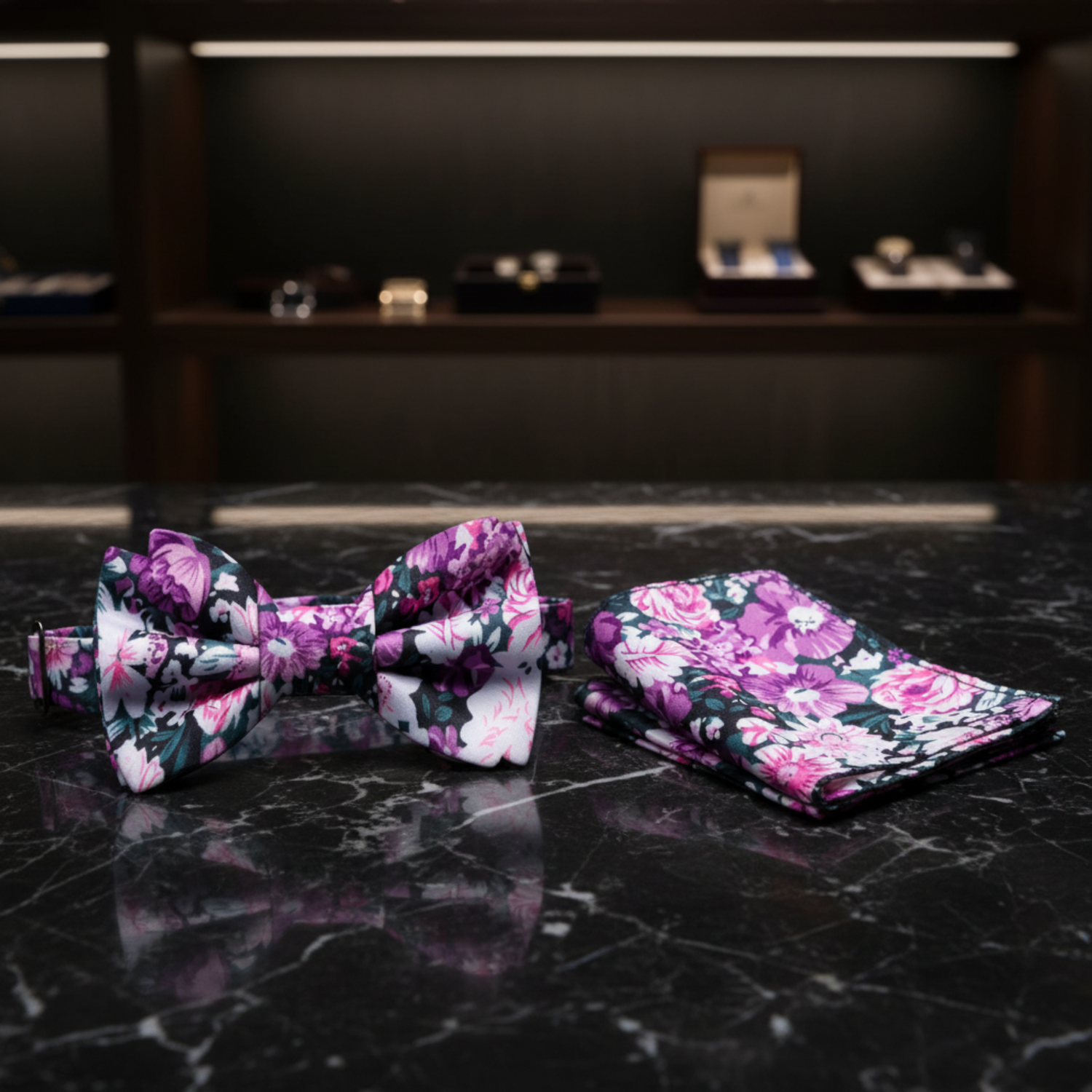 Purple, Pink, White Flowers Bow Tie and Matching Pocket Square