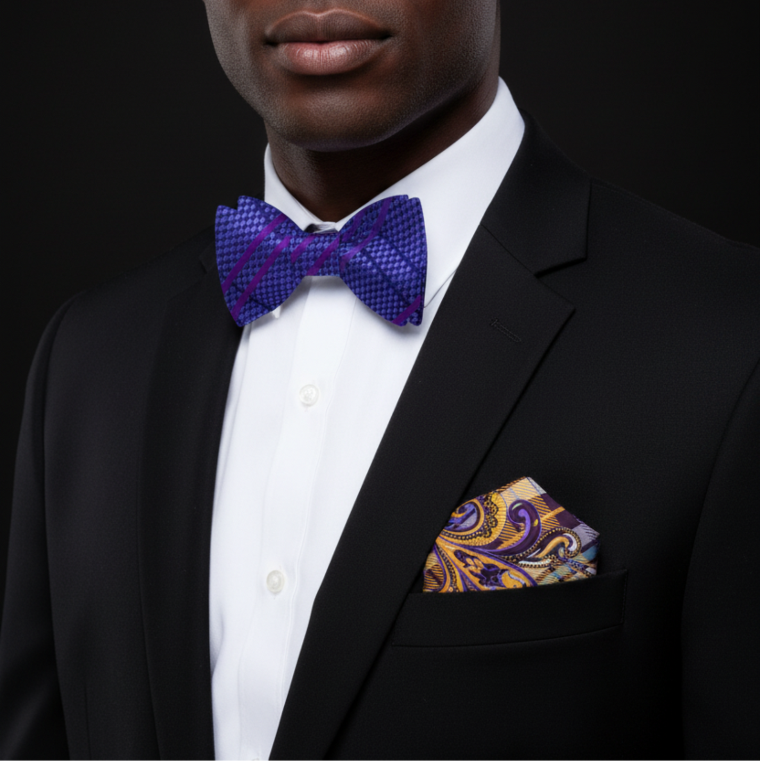 Man wearing a black suit with a purple bow tie and yellow pocket square on a black background