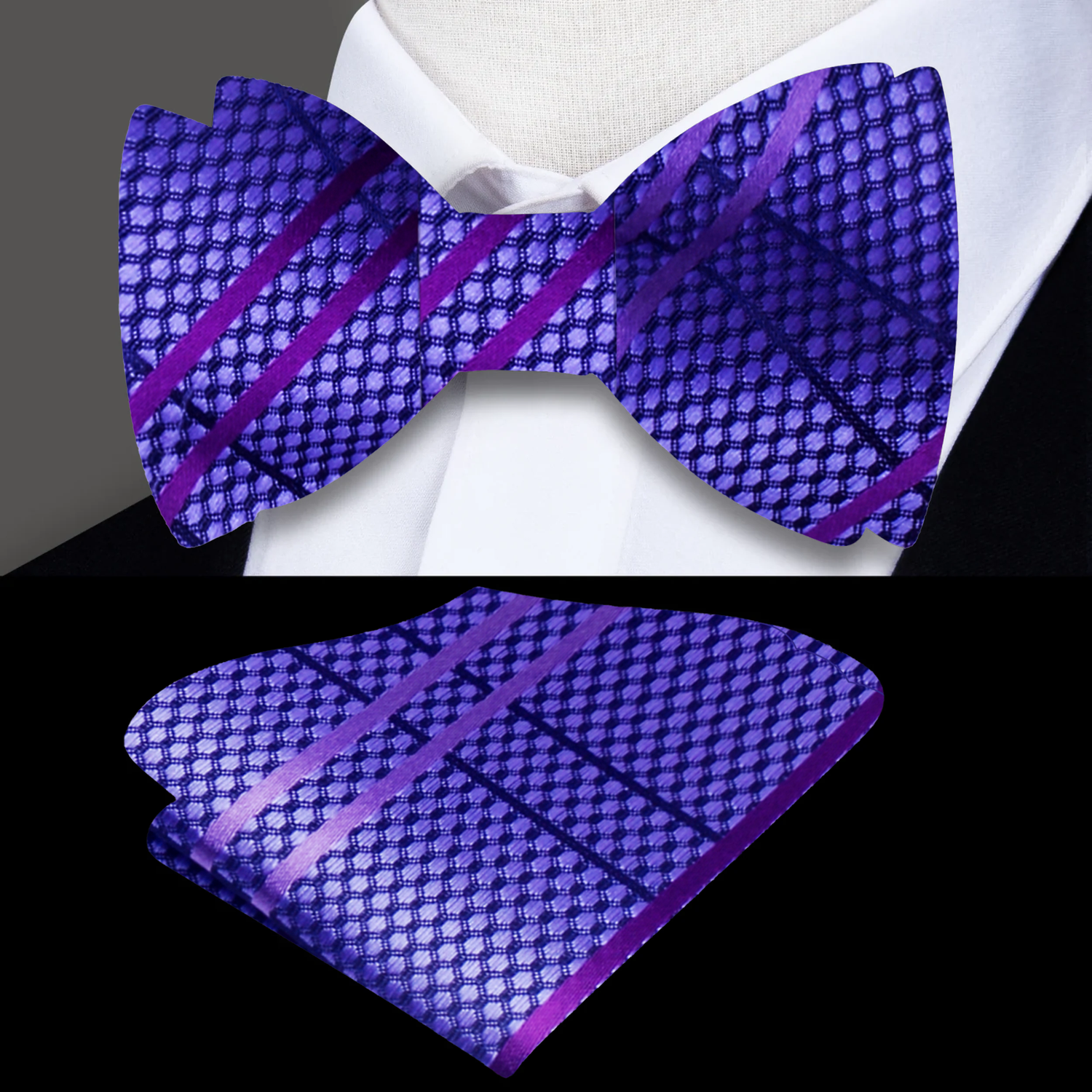Purple Plaid Bow Tie and Pocket Square||Purple