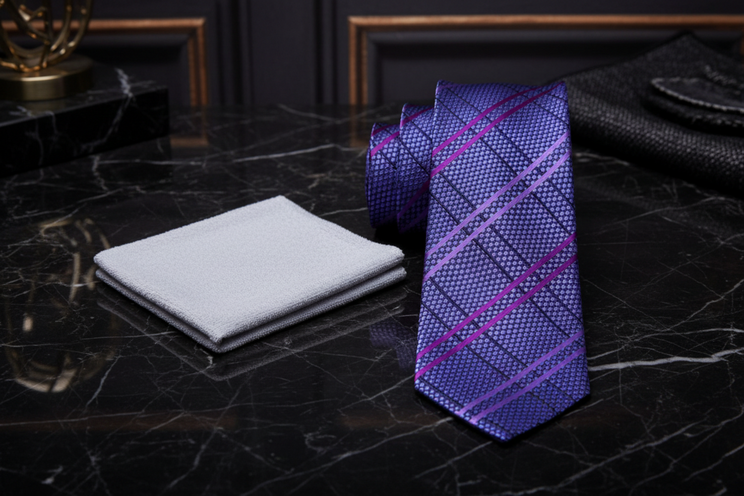 Alt Shades of Purple Plaid Necktie and Silver Square