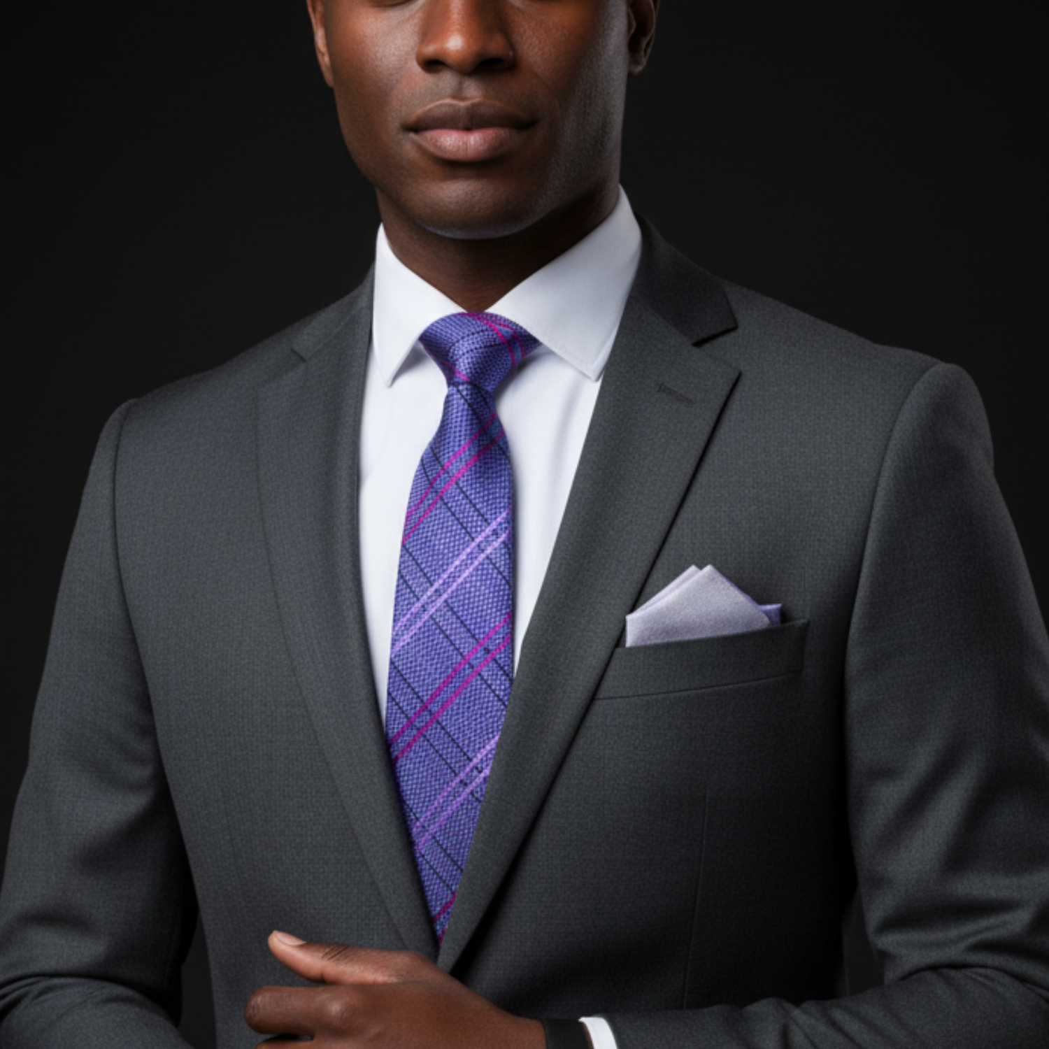 Man wearing a gray suit with a purple plaid tie against a black background