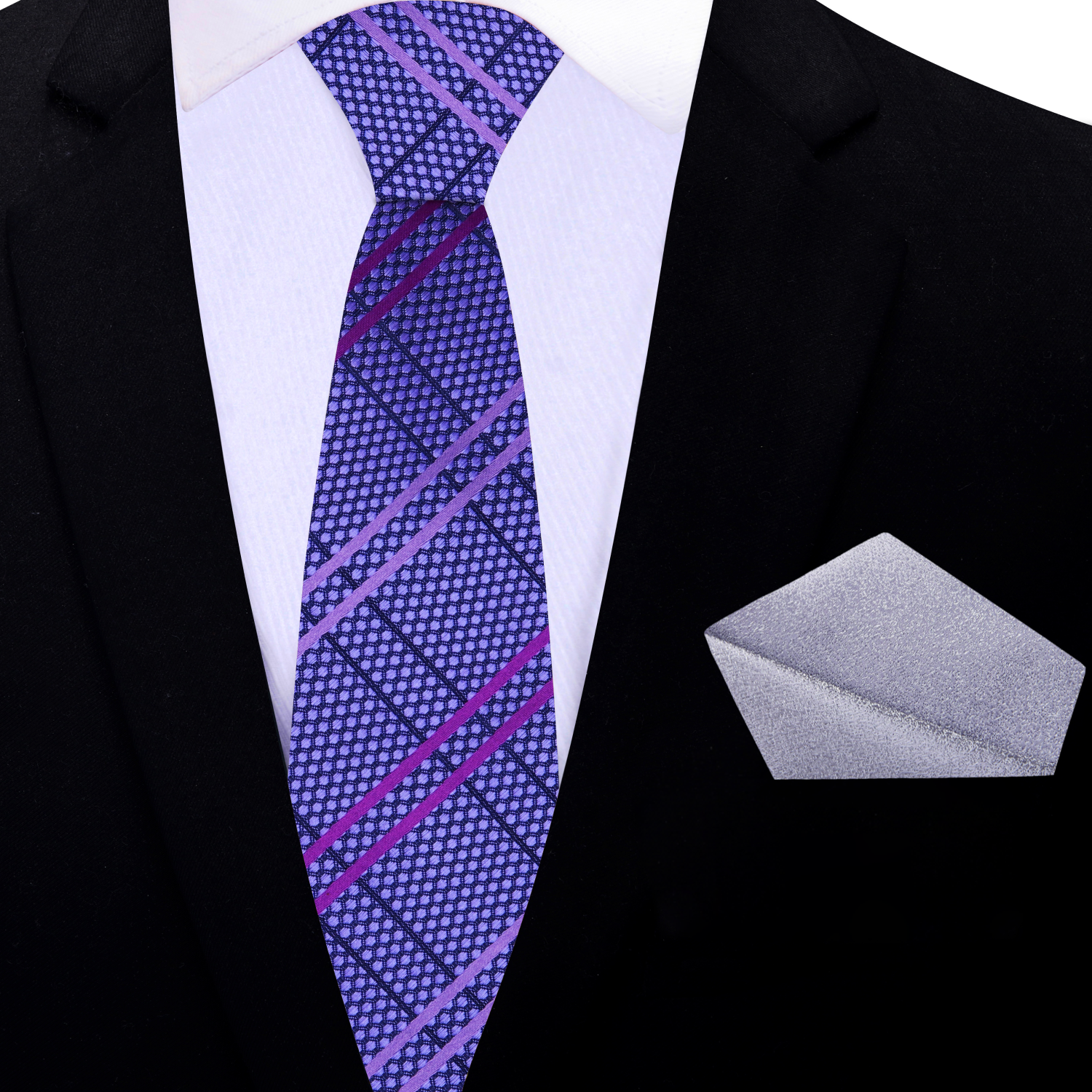Thin Shades of Purple Plaid Necktie and Silver Square