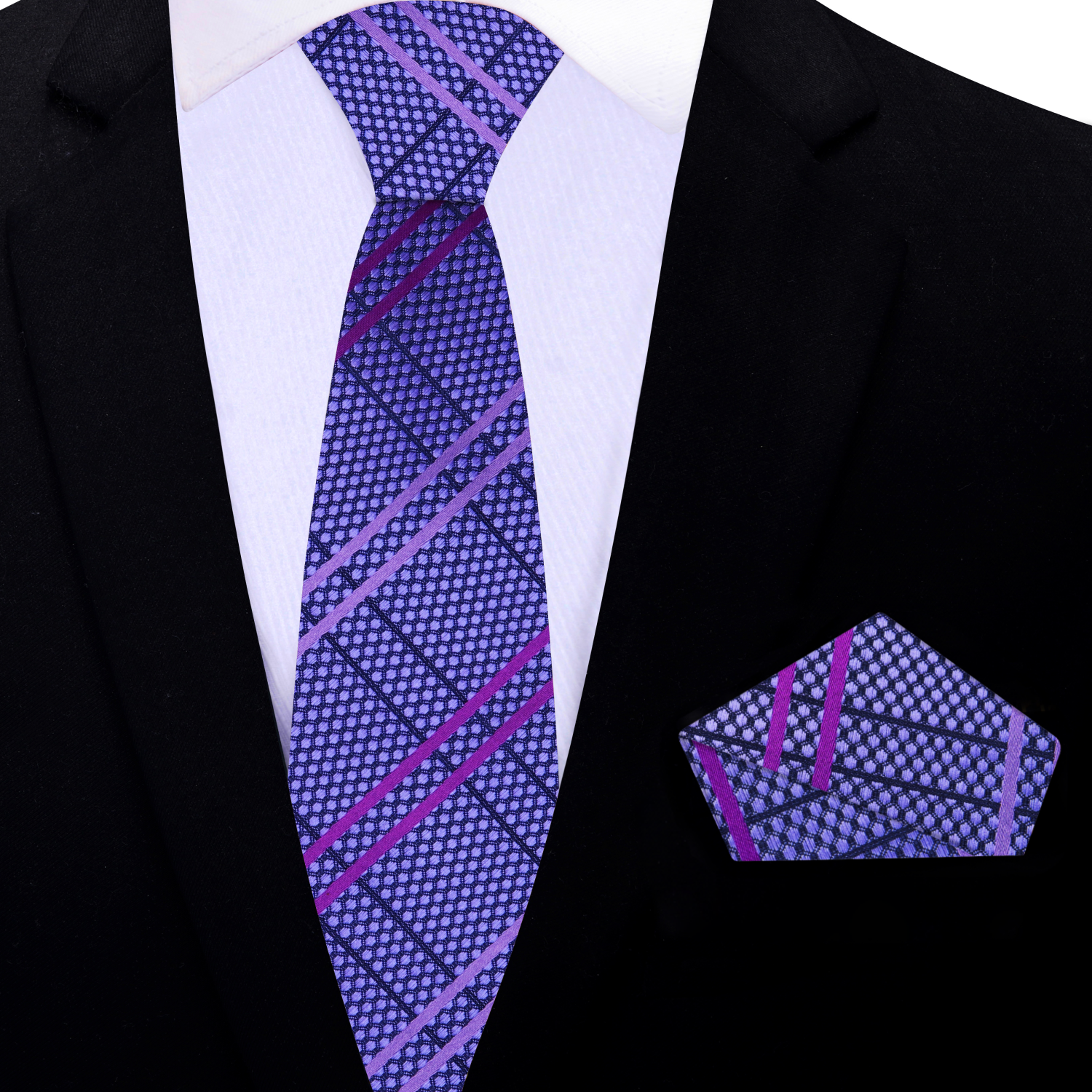 Thin Shades of Purple Plaid Necktie and Matching Square