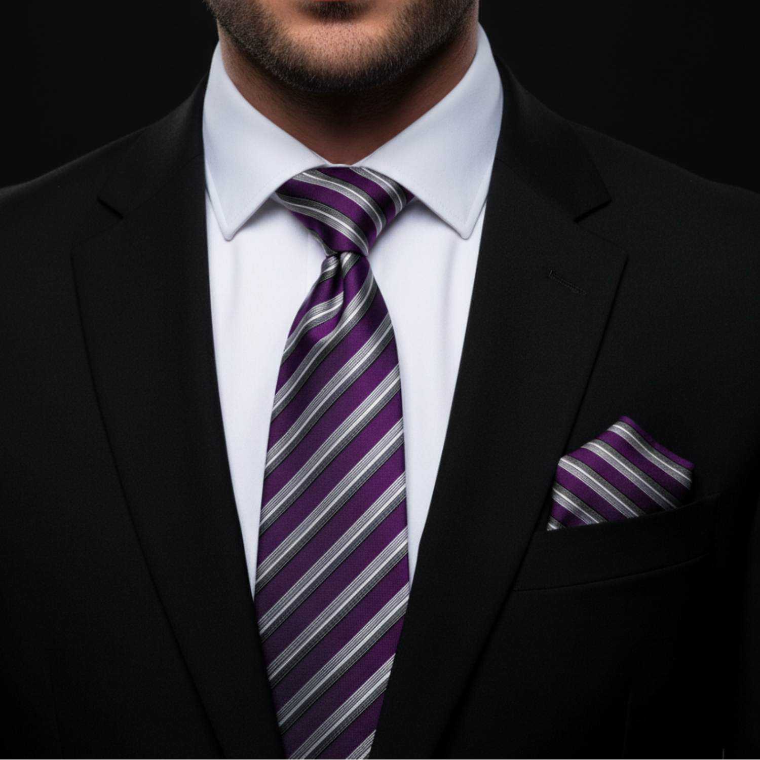 Man wearing purple and grey stripe tie and square