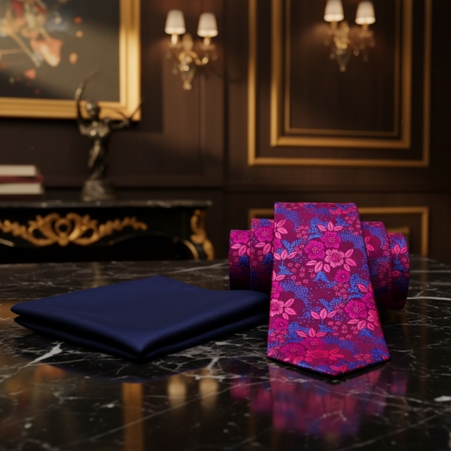 Navy pocket square and floral tie with matching pocket square on a white background
