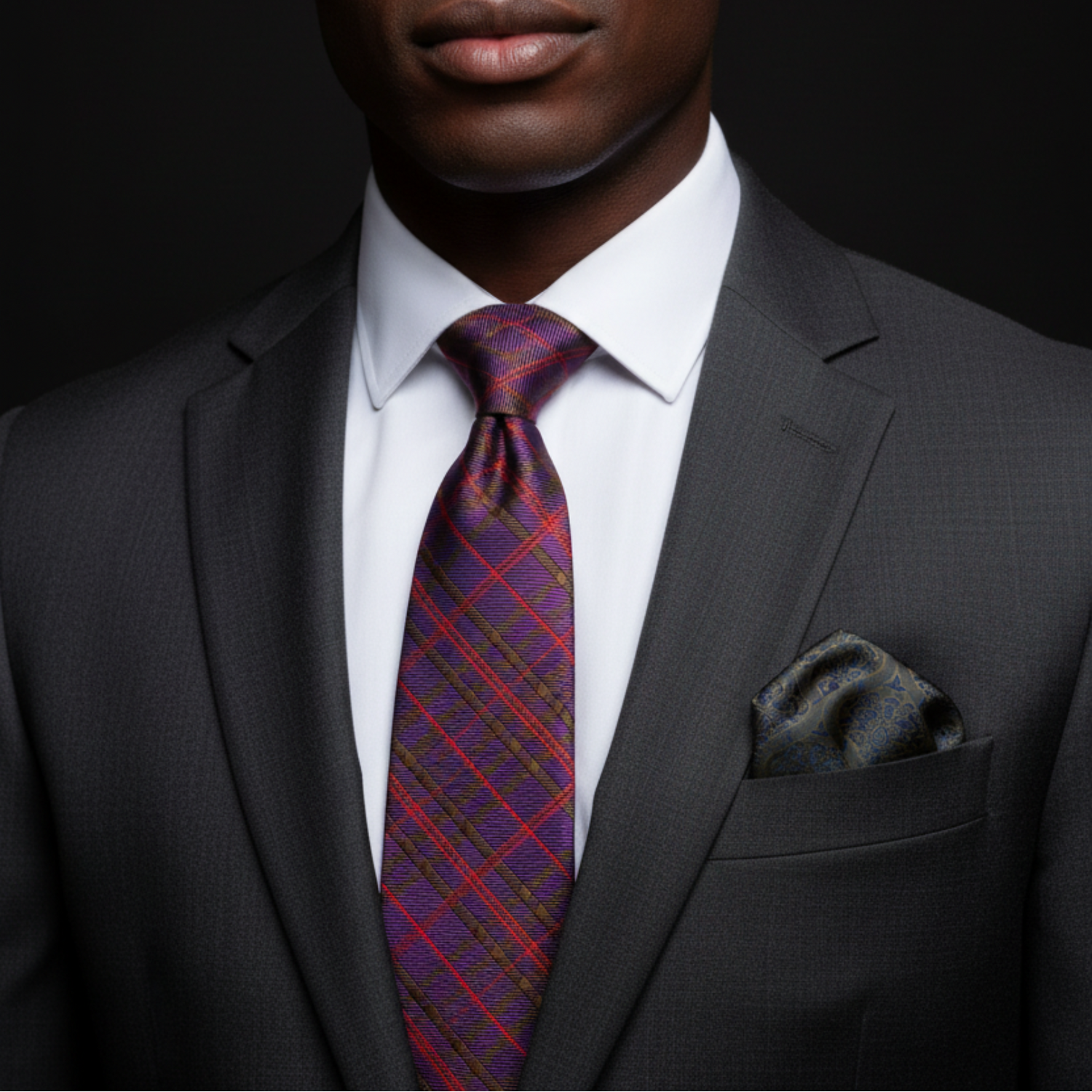 Man wearing a gray suit with a plaid tie and pocket square on a black background