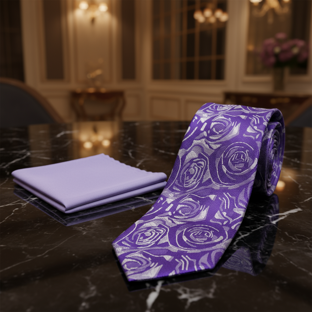 View 2: Shades of Purple Sketched Roses Necktie and Light Purple Square