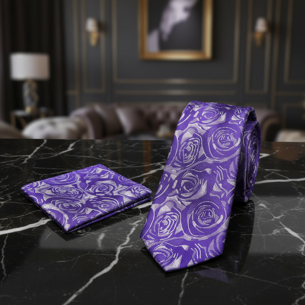 View 2: Shades of Purple Sketched Roses Necktie and Square