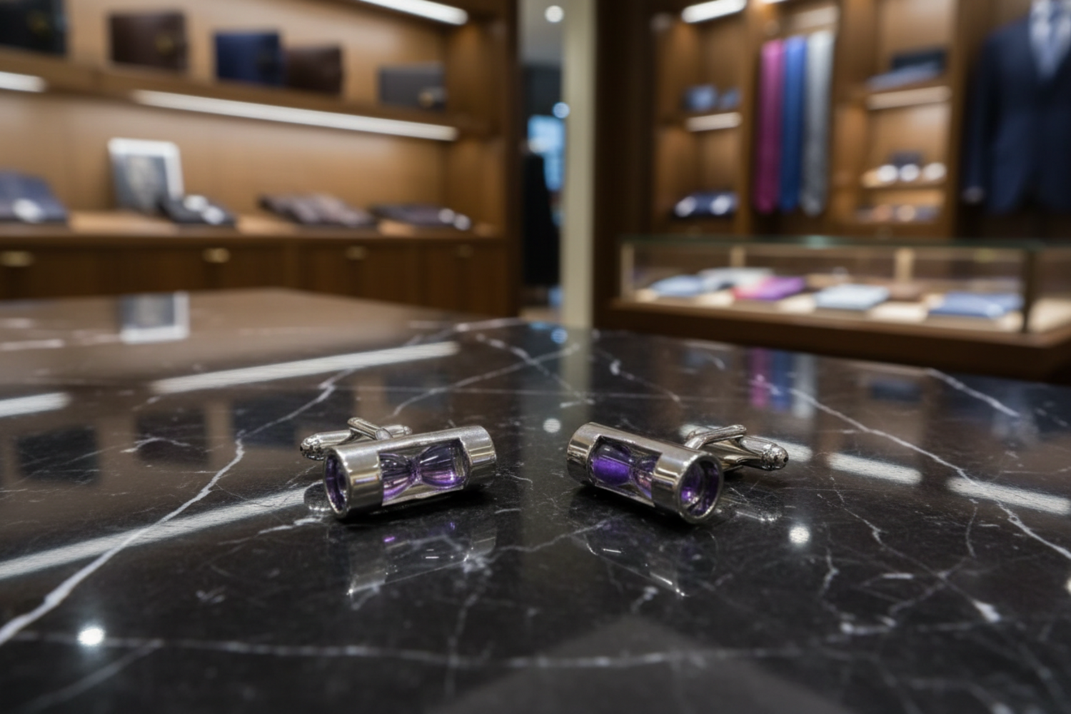 View 4: A chrome and purple colored hour glass shape cuff-links set||Purple Sand