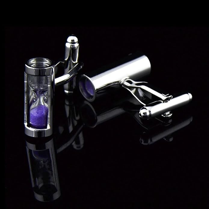 View 2 A chrome and purple colored hour glass shape cuff-links set||Purple Sand