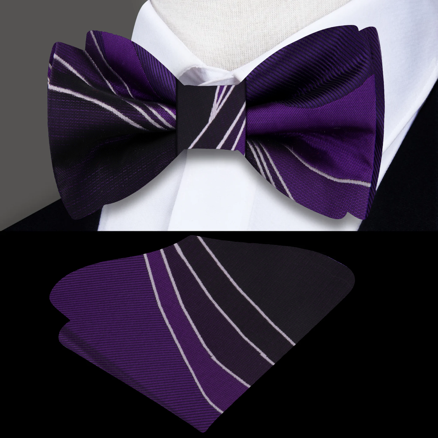 Main: A Purple, White Abstract Pattern Self Tie Bow Tie With Matching Pocket Square||Deep Purple, Purple, White