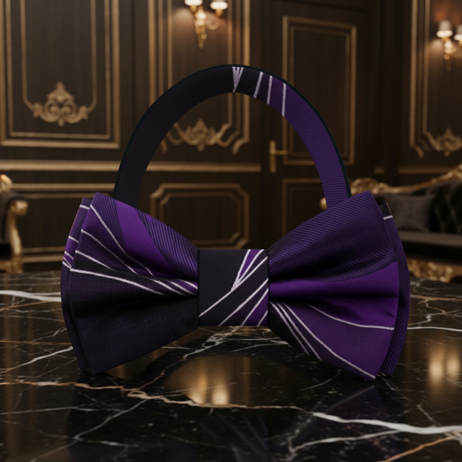 Deep Purple, Purple, White Pre Tied Bow Tie