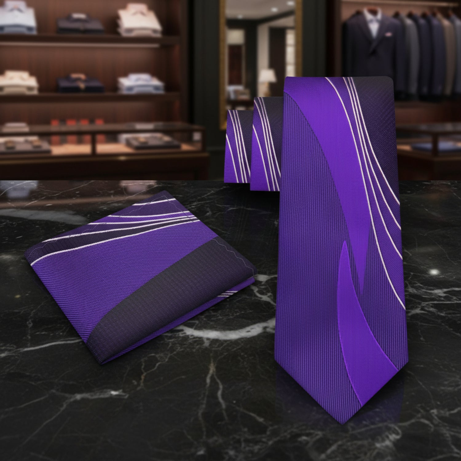 Alt View: Shades of Purple Abstract Lines Tie and Matching Square