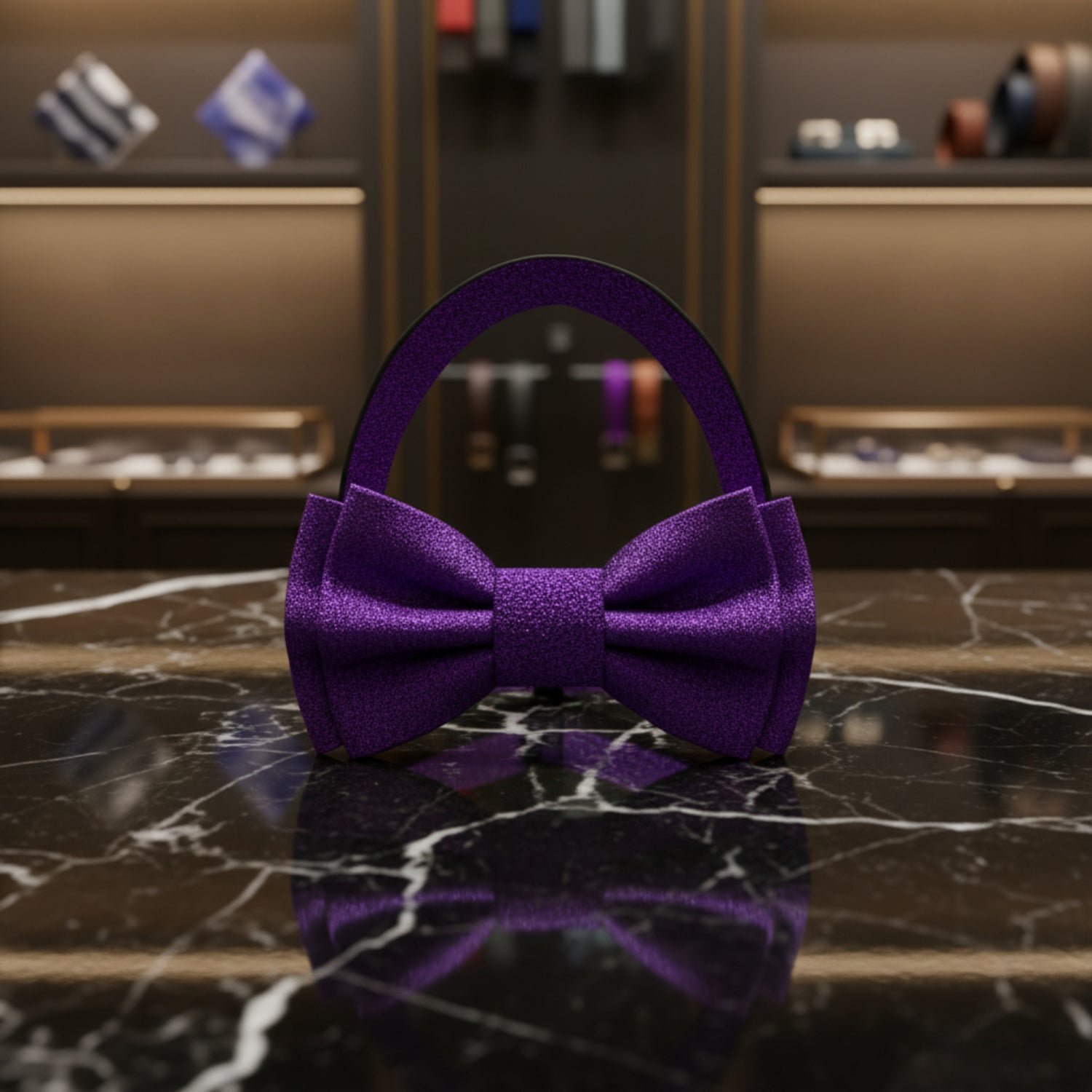 Purple glittery bow on a black marble surface