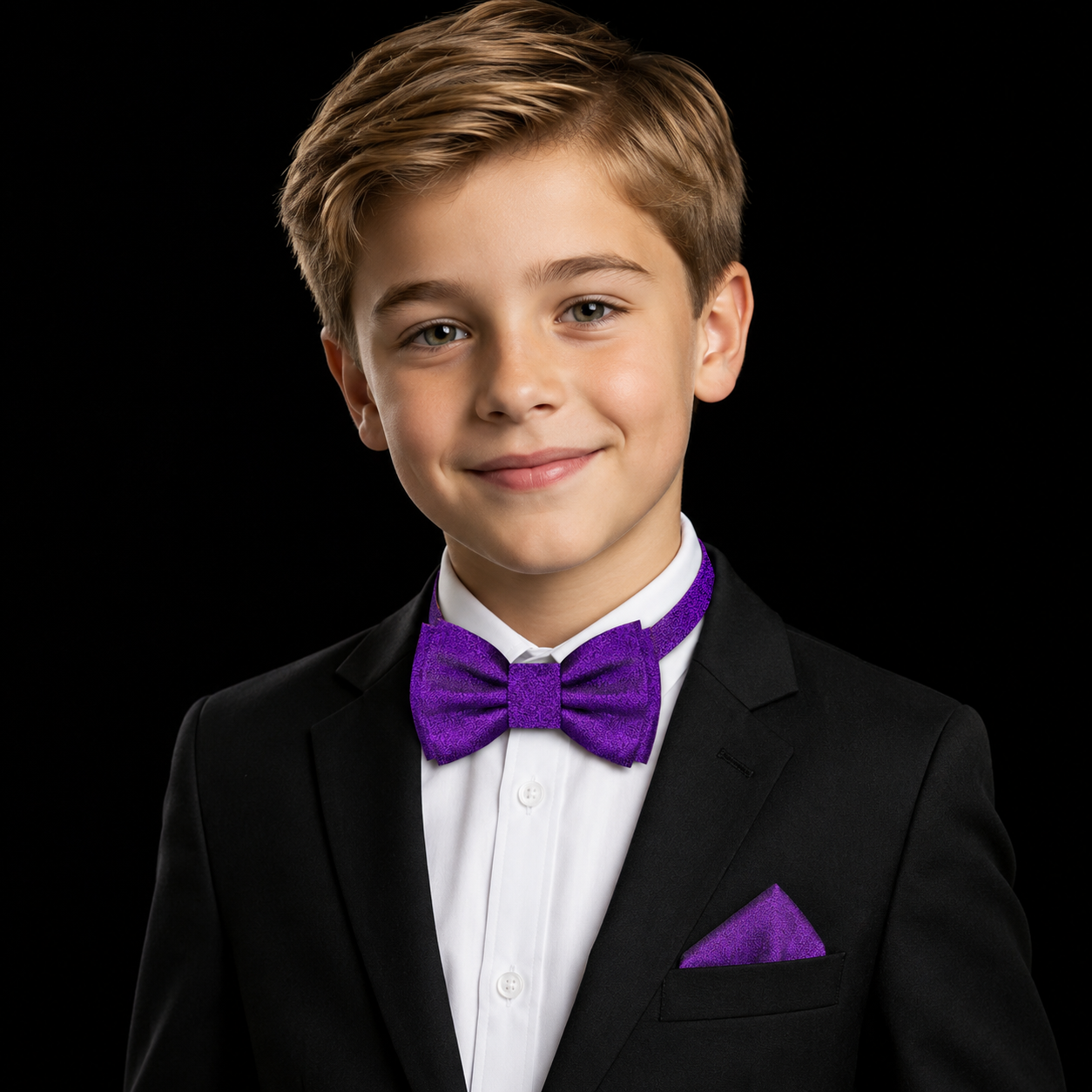 Young boy in a black suit with a purple bow tie and pocket square on a black background