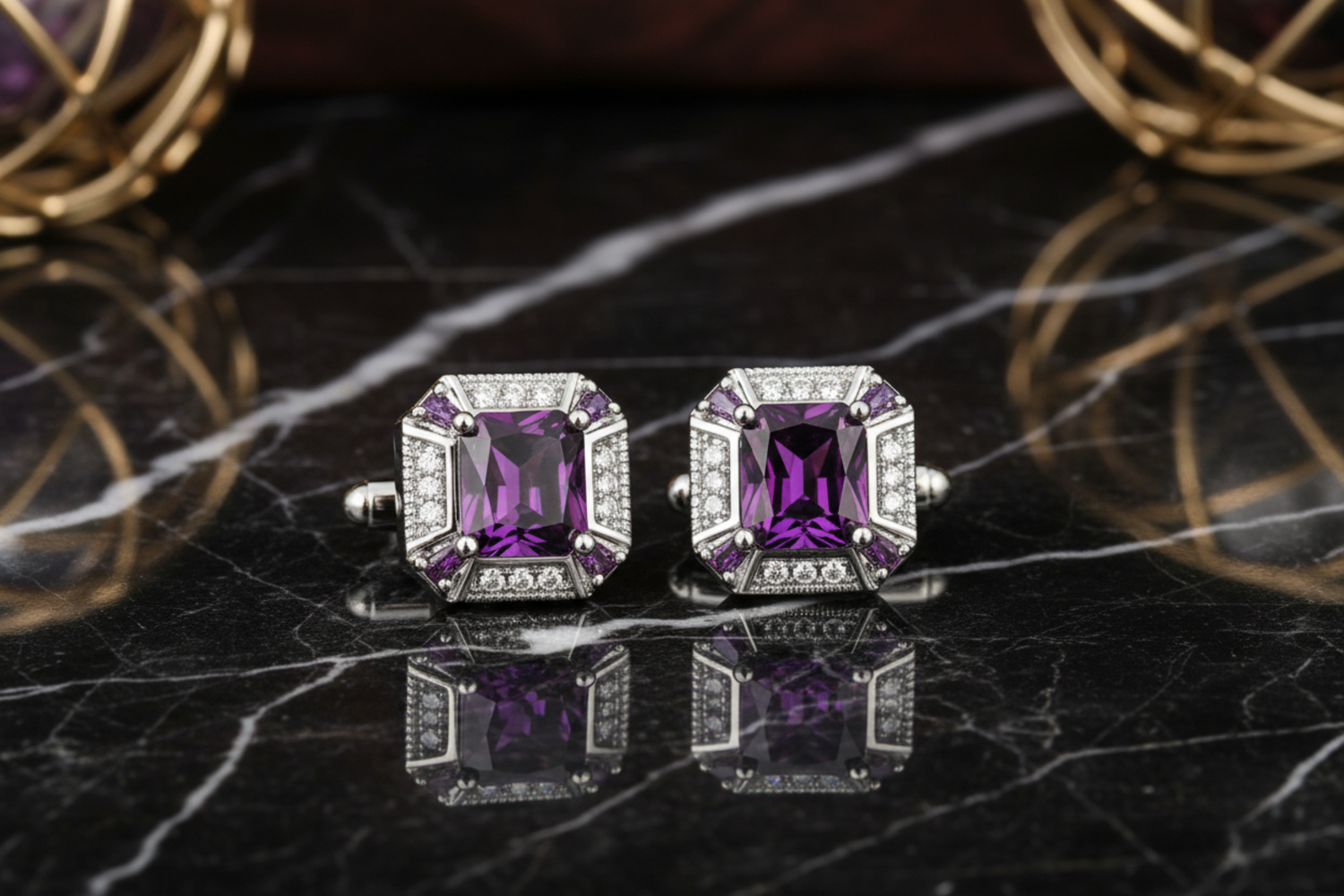 Chrome and Purple Stone Cufflinks