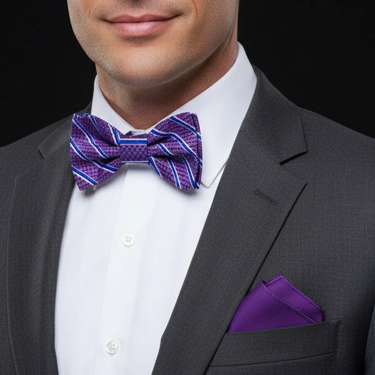 Purple Stipe Bow Tie and Purple Square on Man